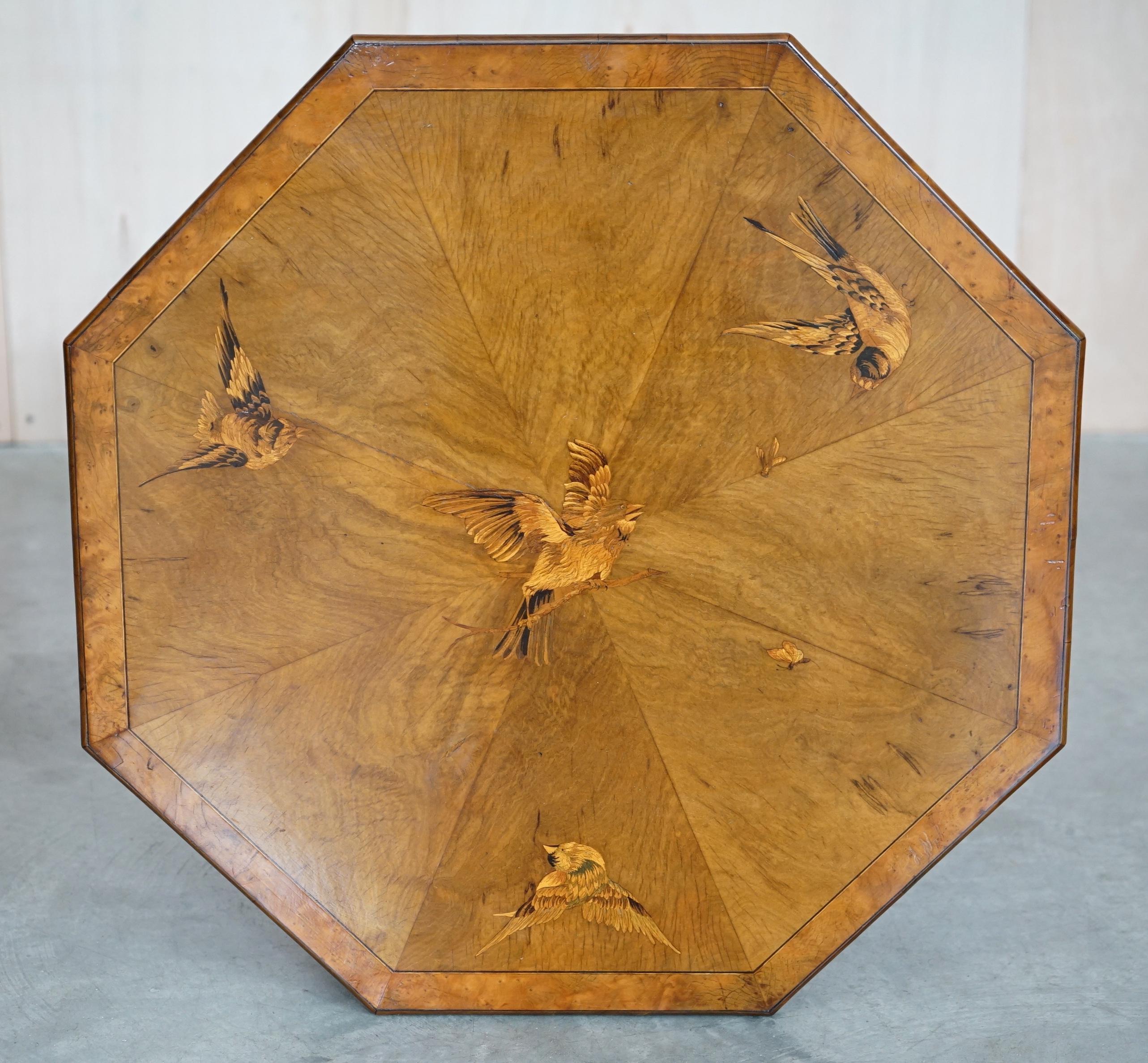 19th Century Fully Restored Sublime Antique Marquetry Inlaid Bird Occasional Side Lamp Table For Sale