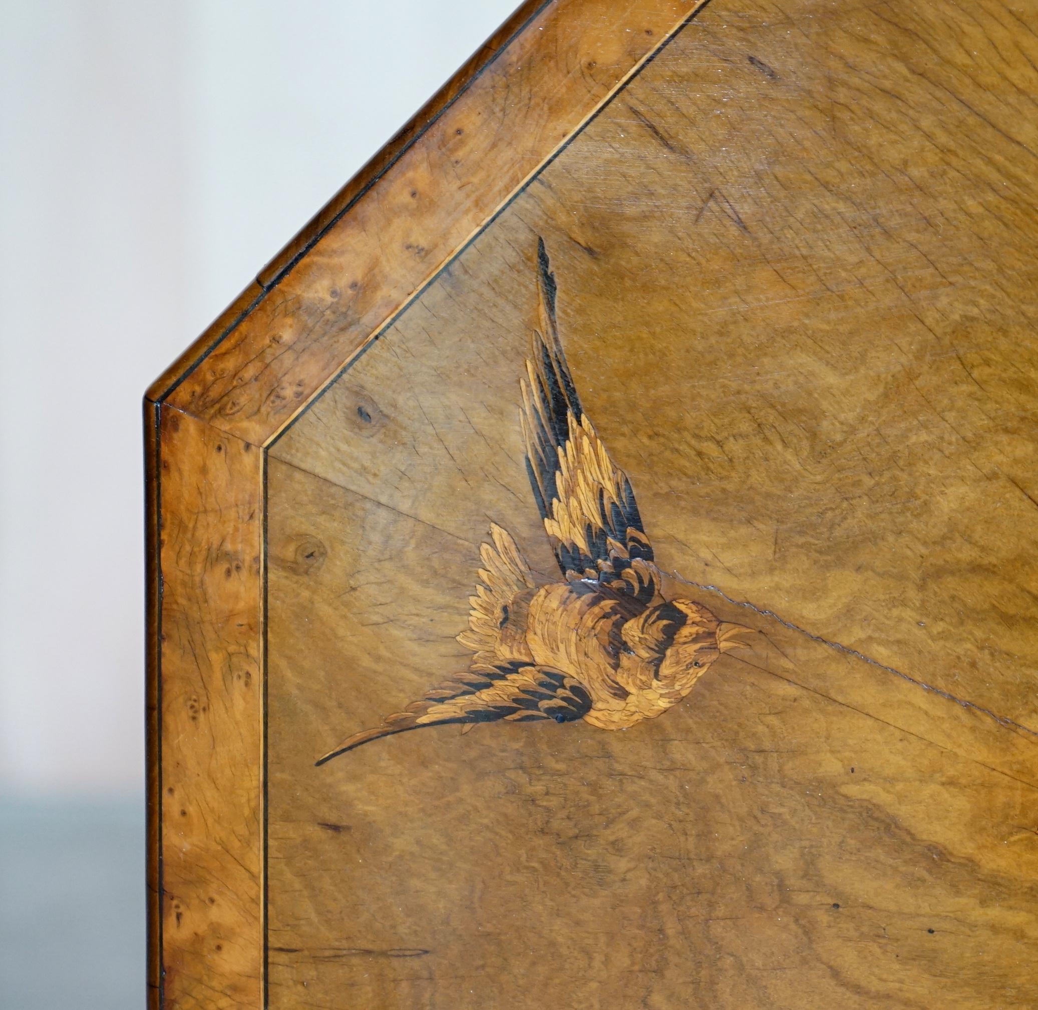 Fully Restored Sublime Antique Marquetry Inlaid Bird Occasional Side Lamp Table For Sale 2