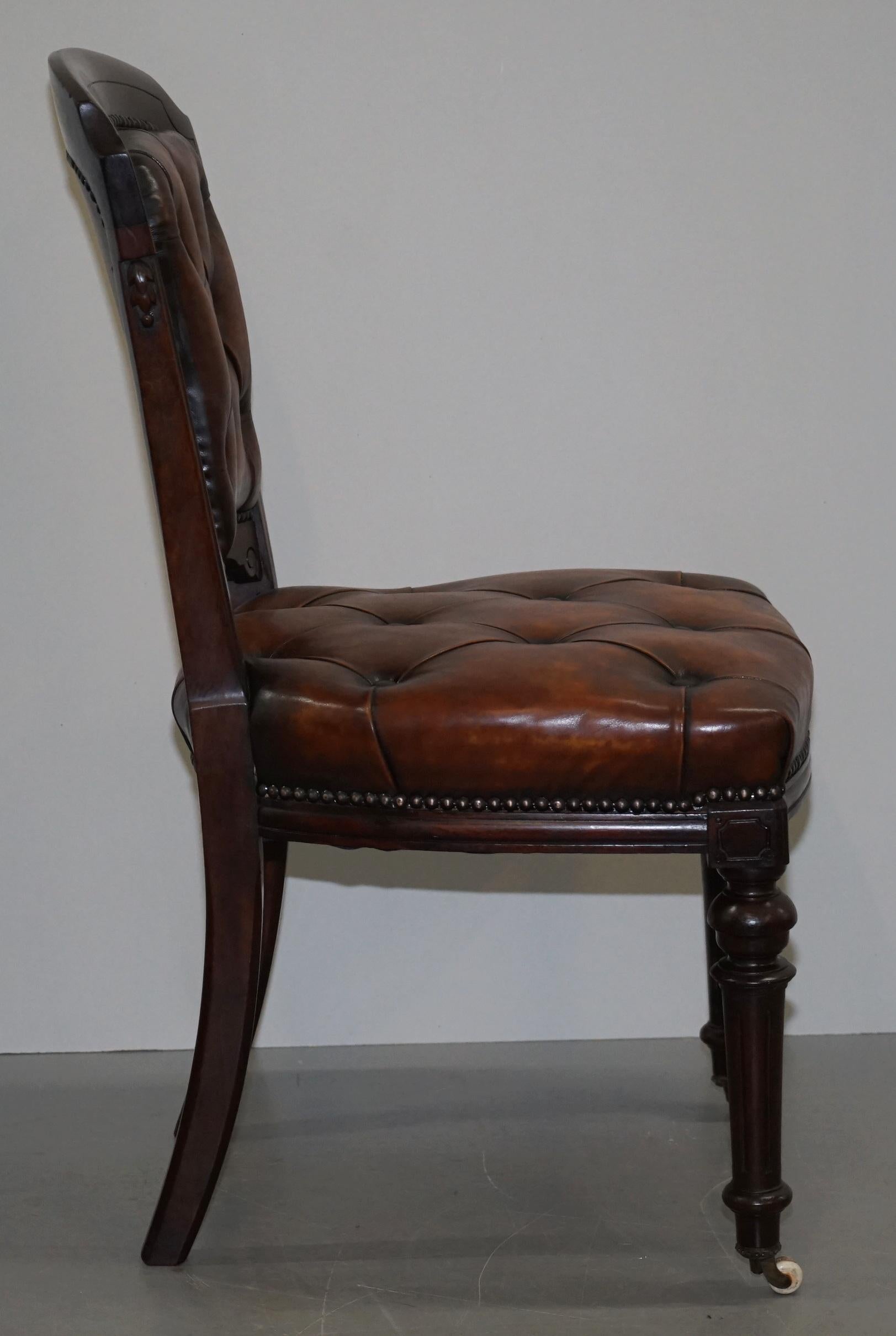 Fully Restored Suite of Five Chesterfield Brown Leather & Hardwood Dining Chairs For Sale 3