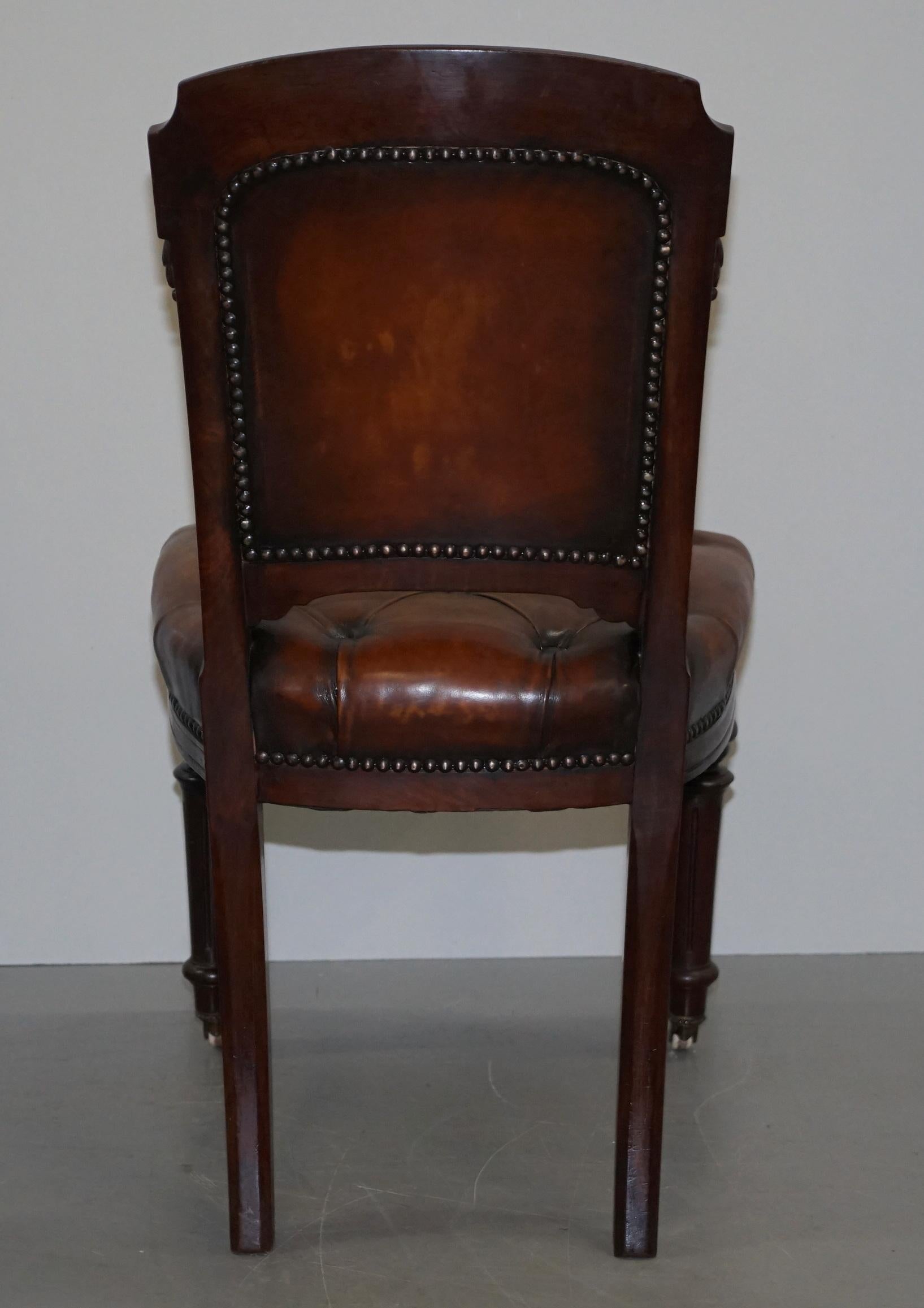 Fully Restored Suite of Five Chesterfield Brown Leather & Hardwood Dining Chairs For Sale 4