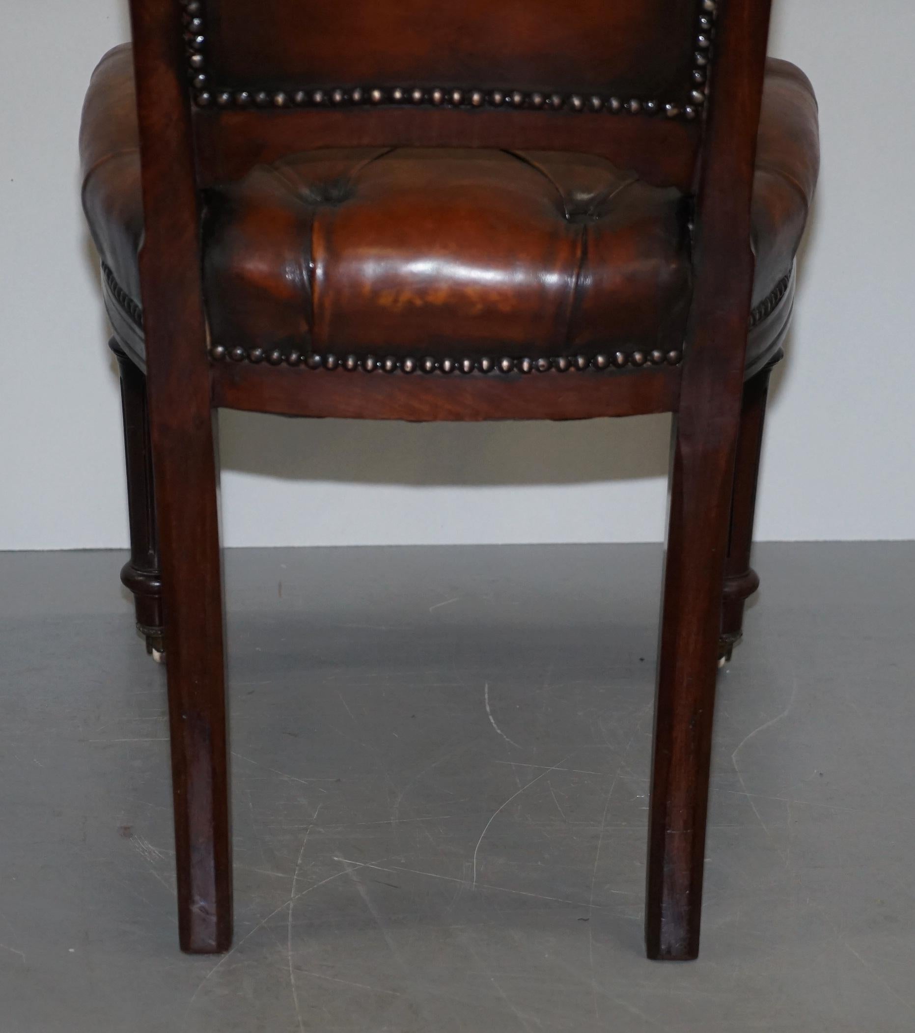 Fully Restored Suite of Five Chesterfield Brown Leather & Hardwood Dining Chairs For Sale 6