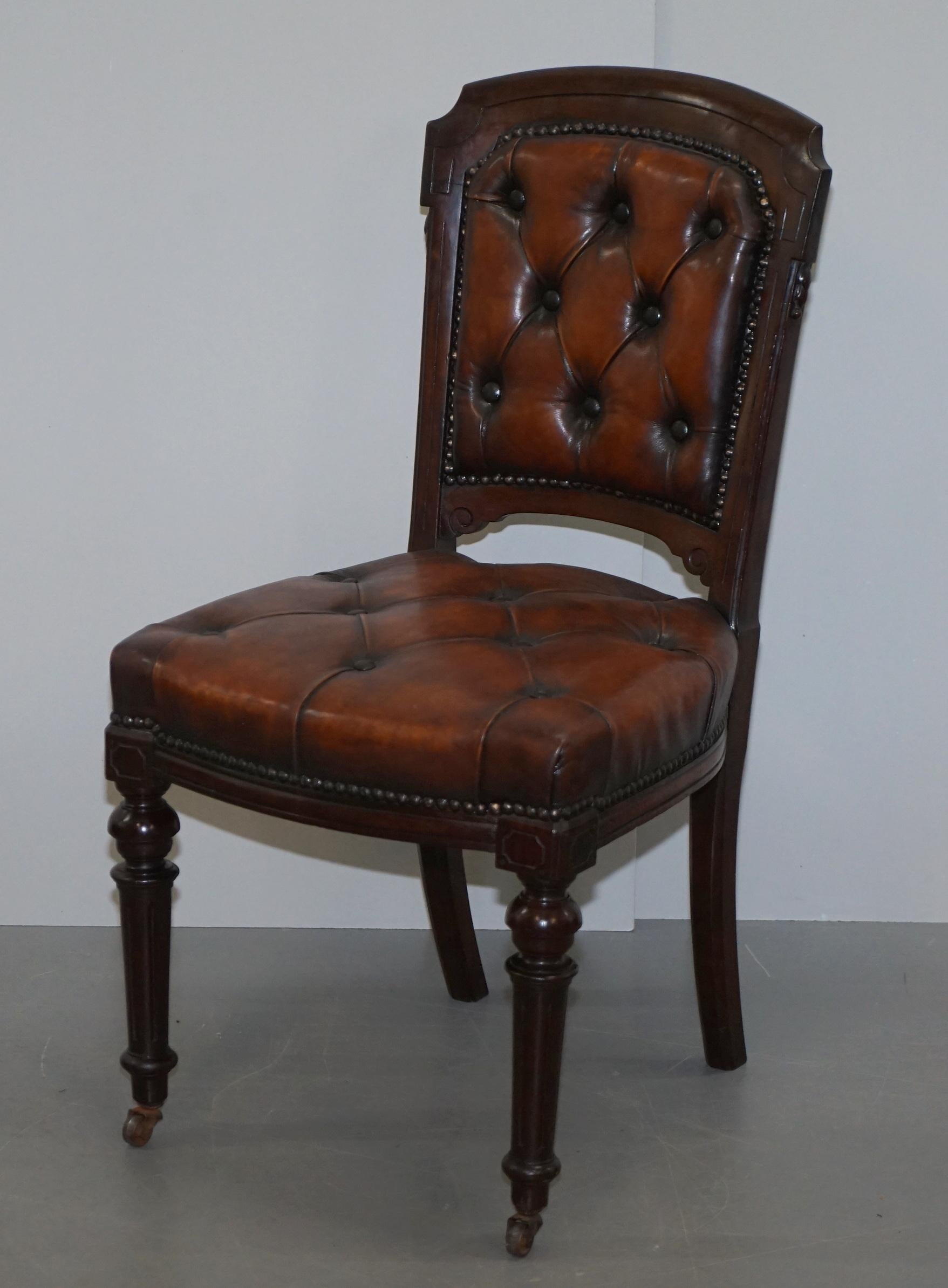 Fully Restored Suite of Five Chesterfield Brown Leather & Hardwood Dining Chairs For Sale 7