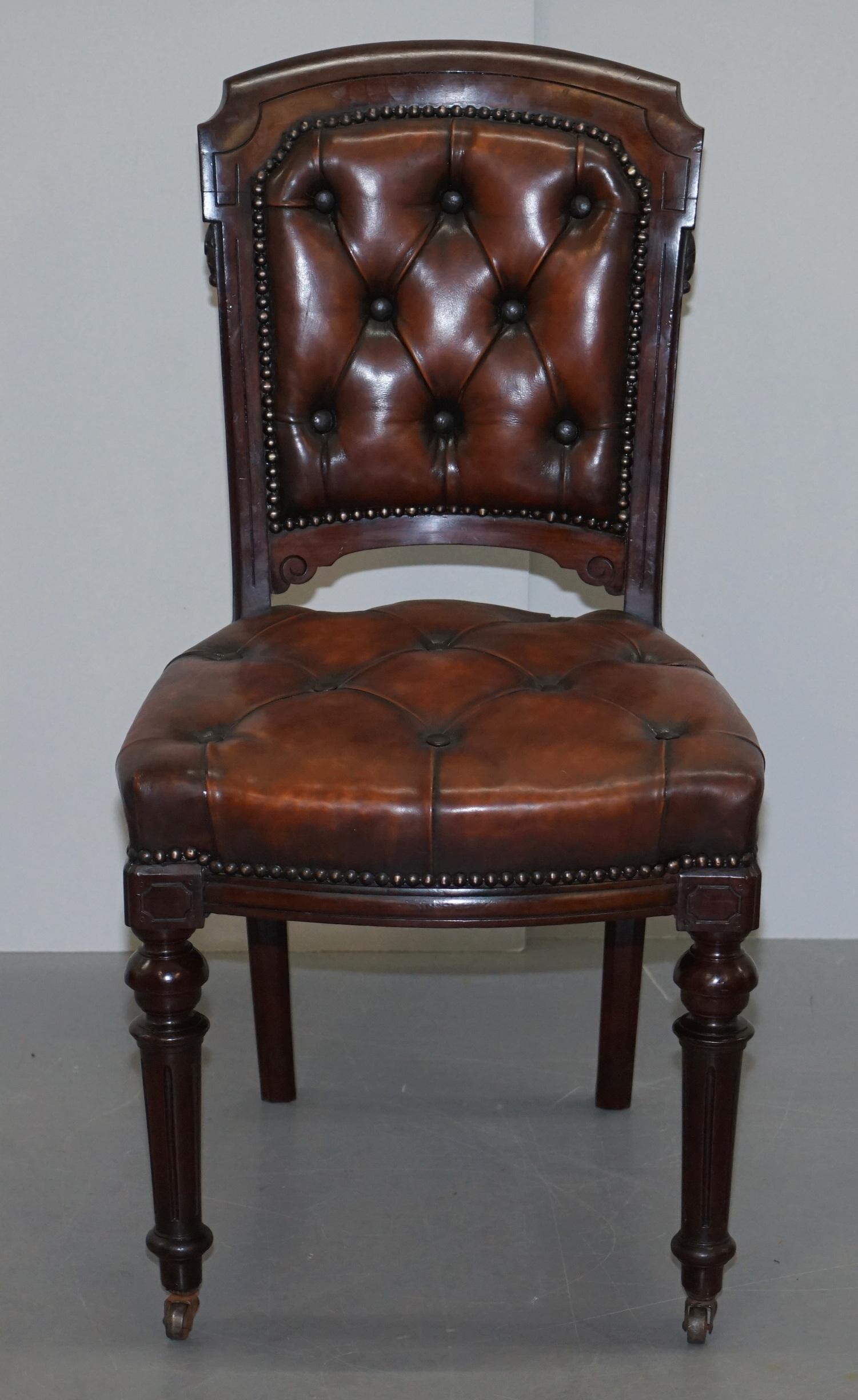 Fully Restored Suite of Five Chesterfield Brown Leather & Hardwood Dining Chairs For Sale 8