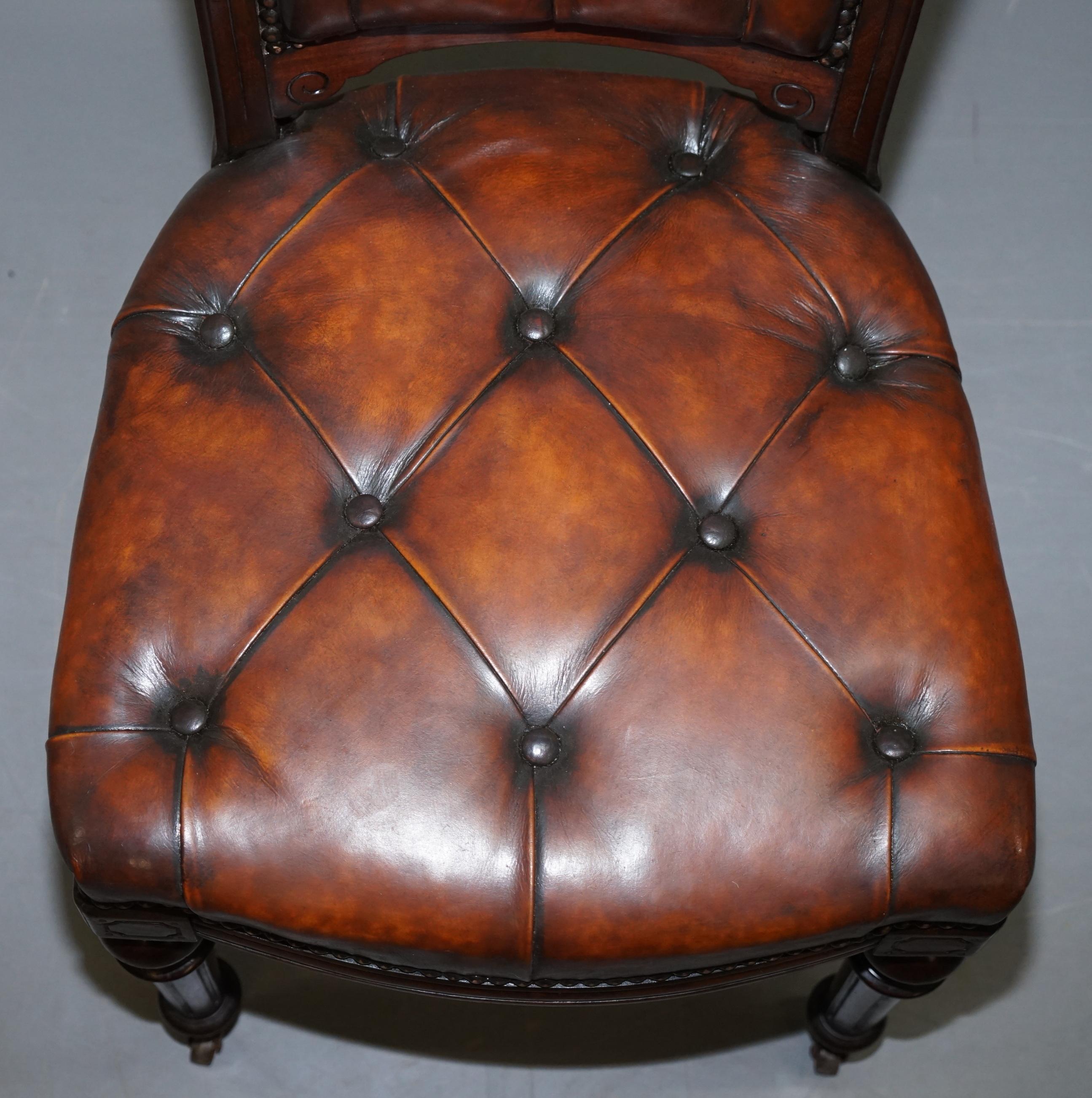 Fully Restored Suite of Five Chesterfield Brown Leather & Hardwood Dining Chairs For Sale 9