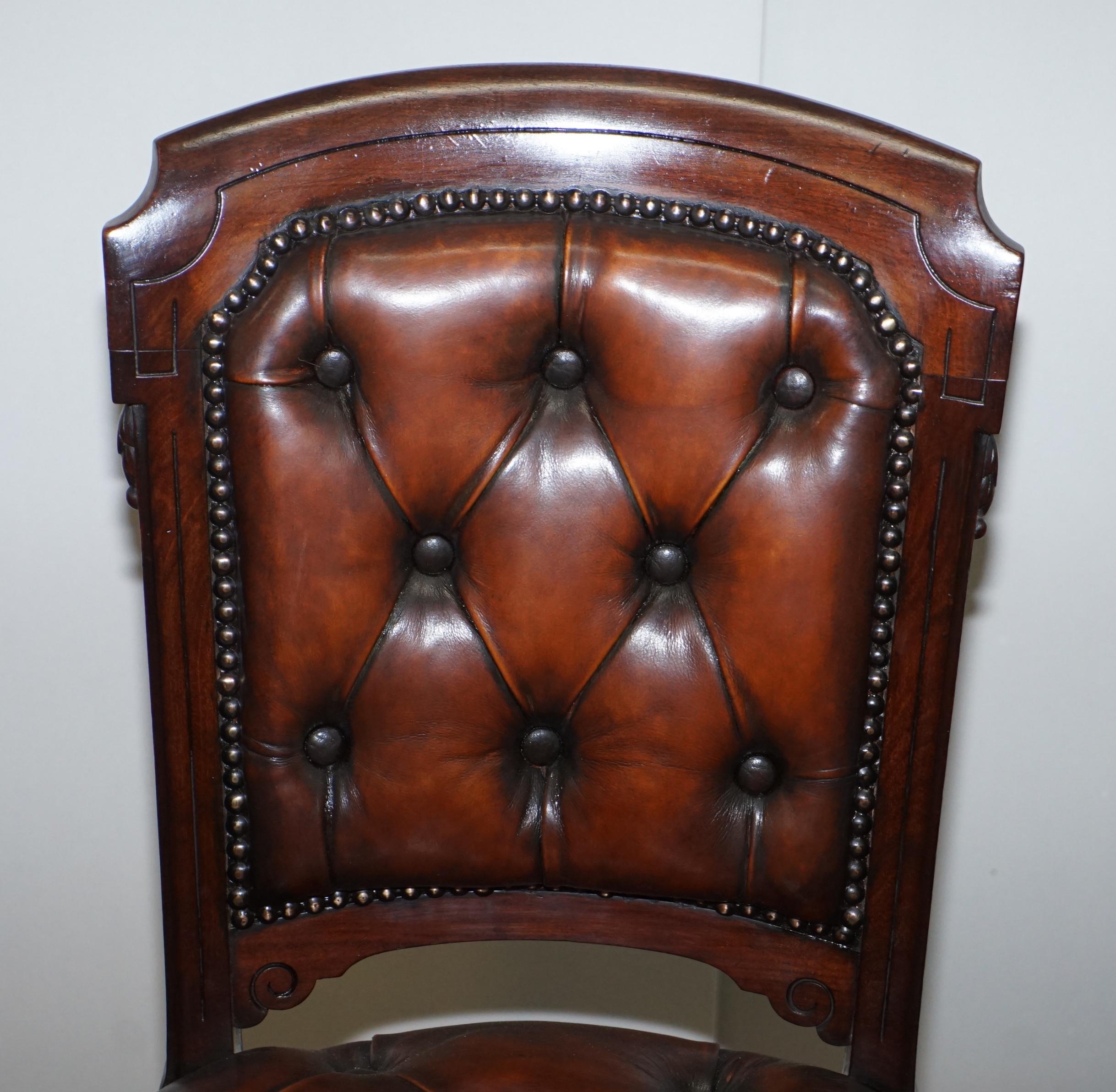 Fully Restored Suite of Five Chesterfield Brown Leather & Hardwood Dining Chairs For Sale 10