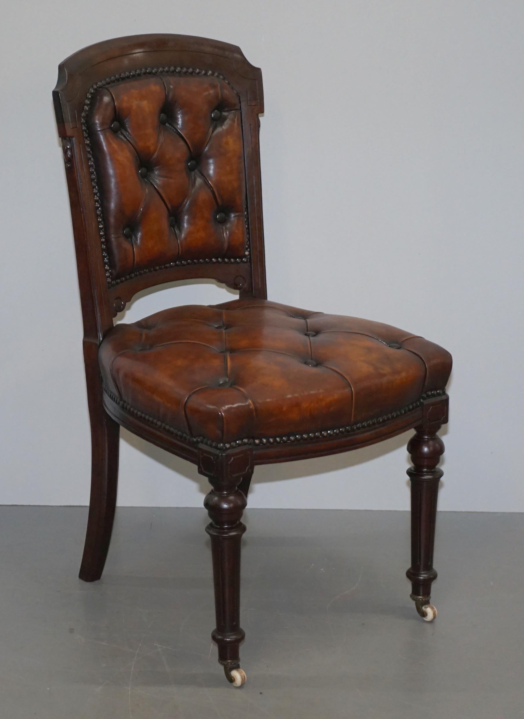 We are delighted to offer for sale this very rare suite of fully restored Victorian chesterfield brown leather dining chairs

These are a very important and substantial set of chairs, they have been fully restored to include the timber being
