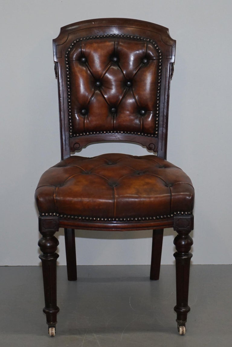 Fully Restored Suite of Five Chesterfield Brown Leather and Hardwood