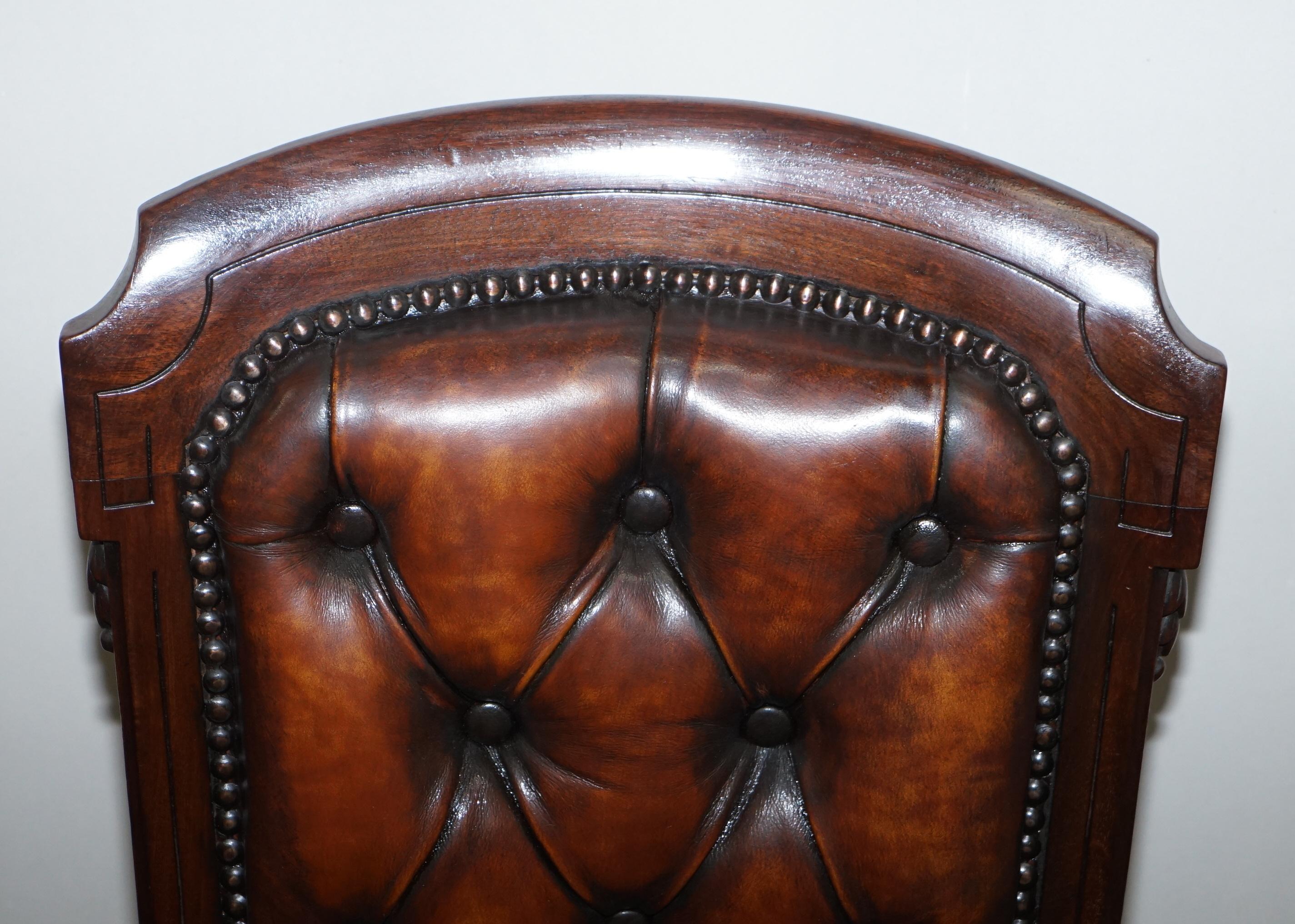 Victorian Fully Restored Suite of Five Chesterfield Brown Leather & Hardwood Dining Chairs For Sale