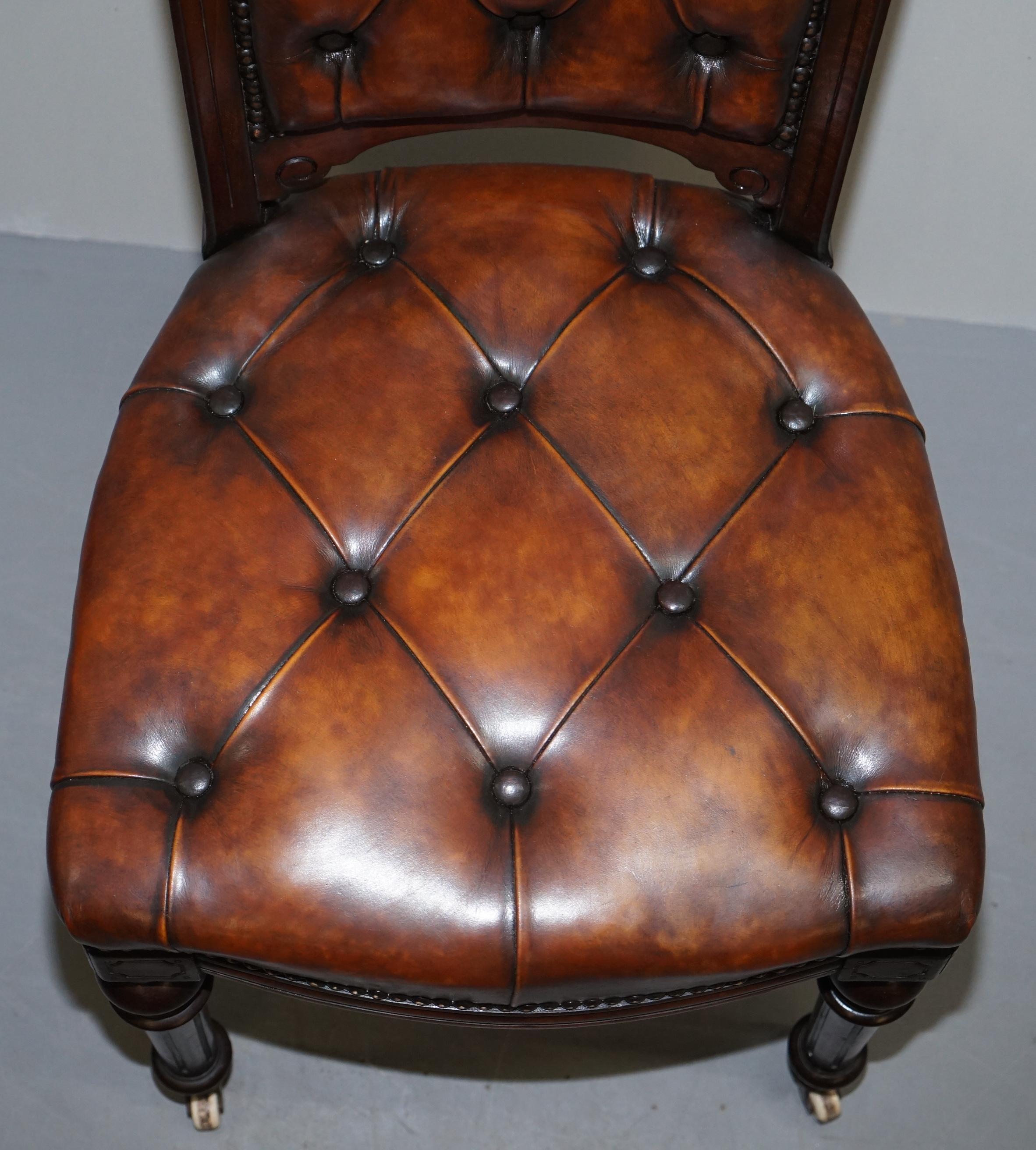 English Fully Restored Suite of Five Chesterfield Brown Leather & Hardwood Dining Chairs For Sale