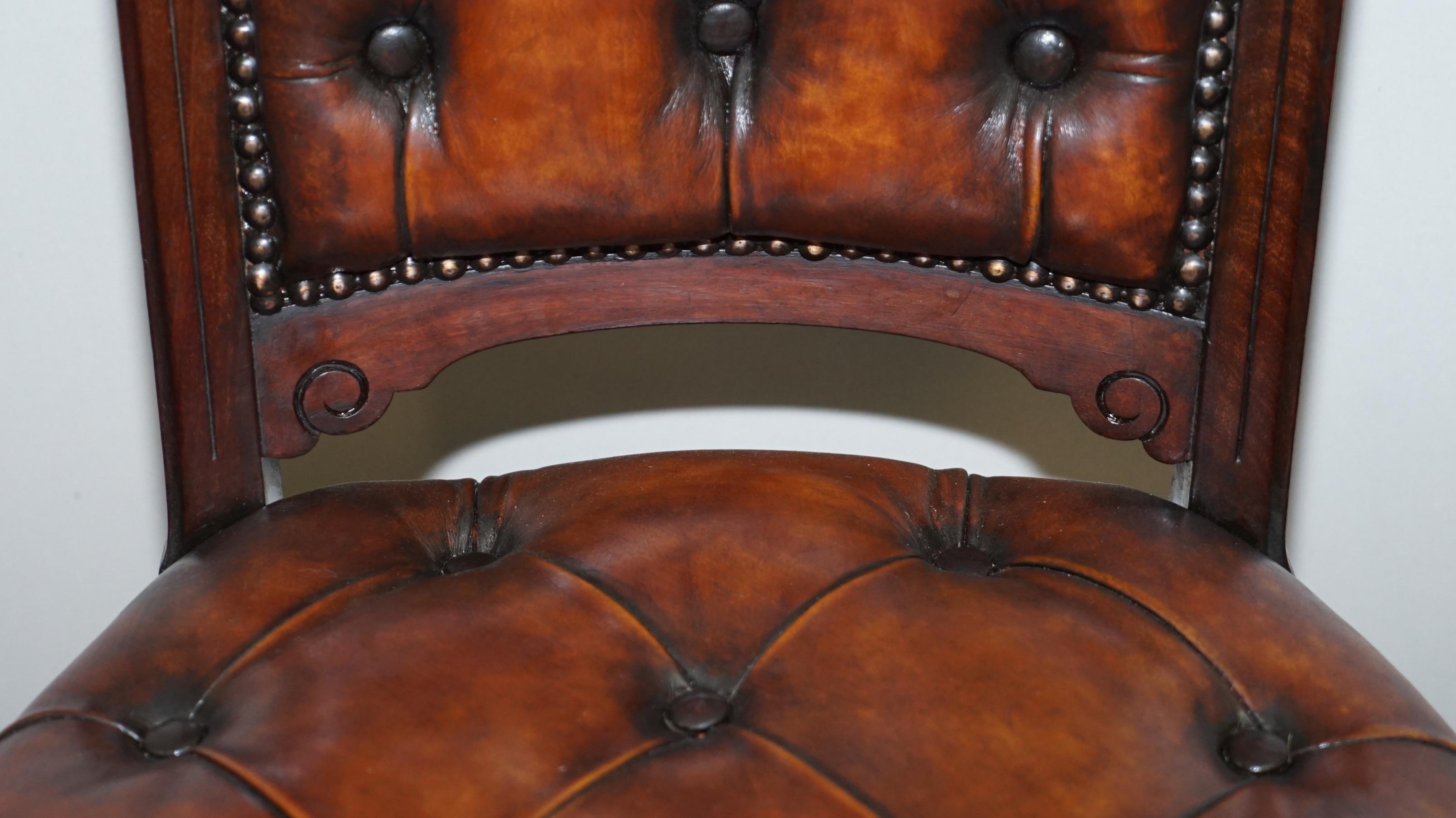 Hand-Crafted Fully Restored Suite of Five Chesterfield Brown Leather & Hardwood Dining Chairs For Sale