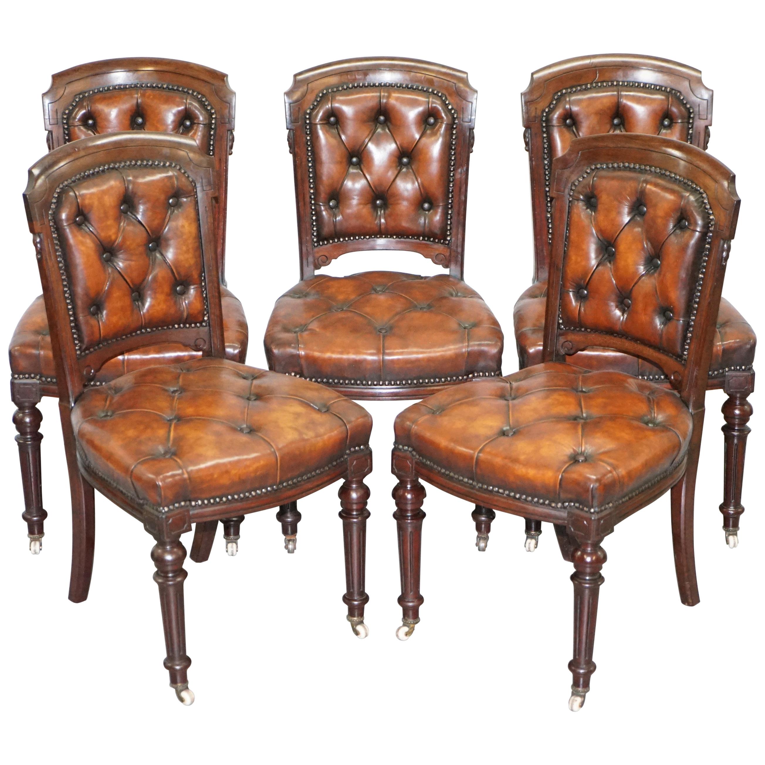 Fully Restored Suite of Five Chesterfield Brown Leather & Hardwood Dining Chairs