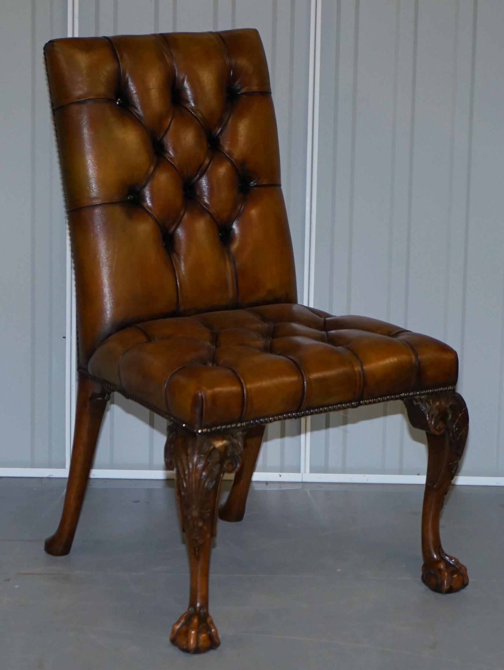 We are delighted to offer for sale this very rare suite of fully restored Victorian Chesterfield brown leather dining chairs

These are a very important and substantial set of chairs, they have been fully restored to include being stripped back to