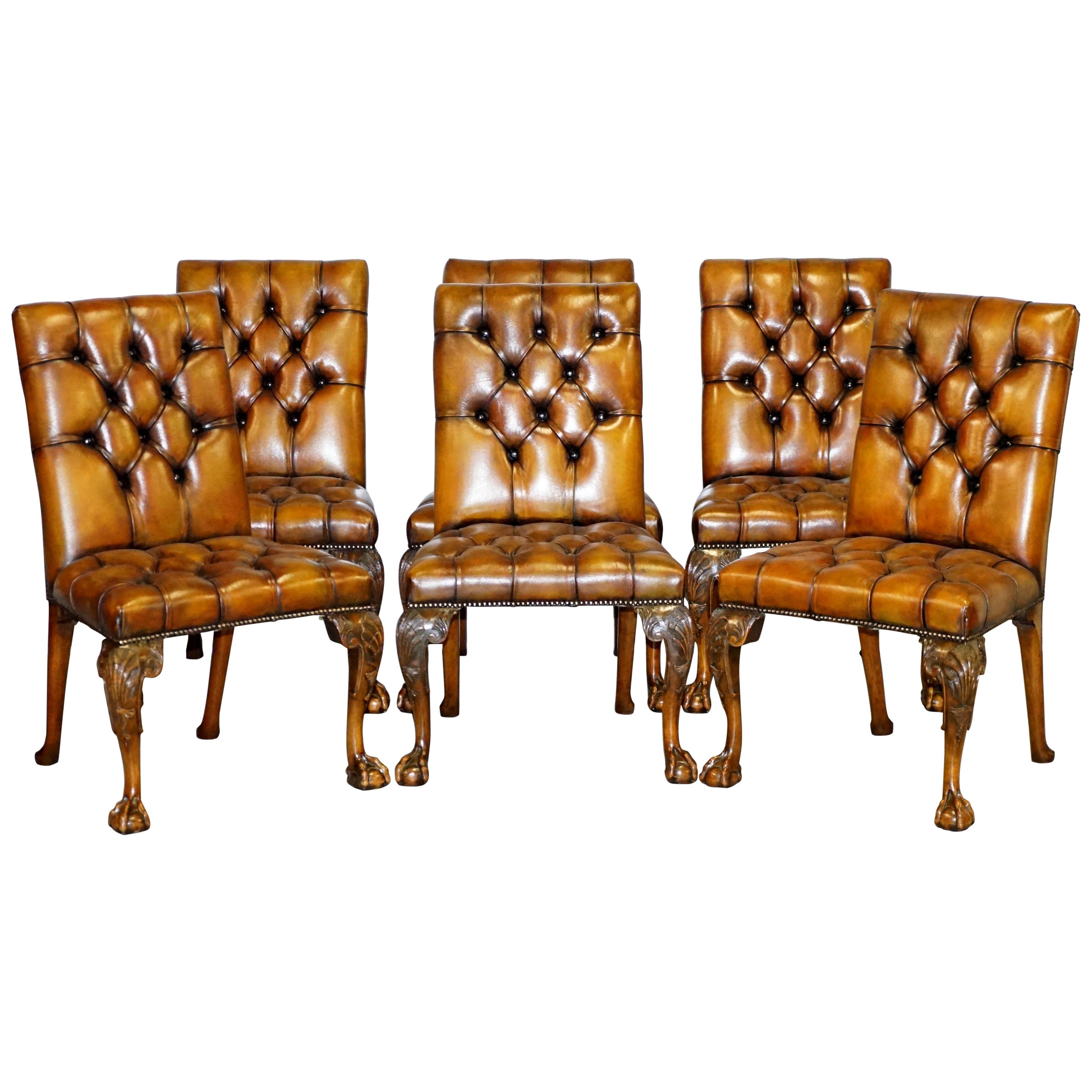 Fully Restored Suite of New Leather Chesterfield Dining Chairs Claw & Ball Feet