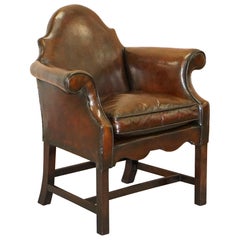 Fully Restored Tobacco Brown Leather Hump Back Regency Armchair Mahogany Frame