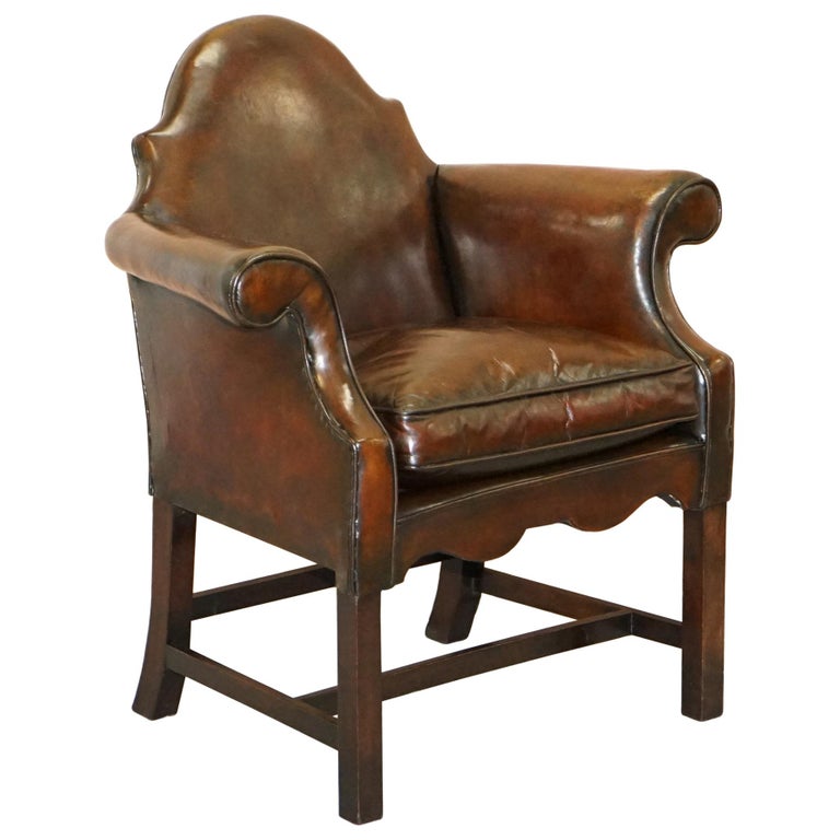 Fully Restored Tobacco Brown Leather Hump Back Regency Armchair