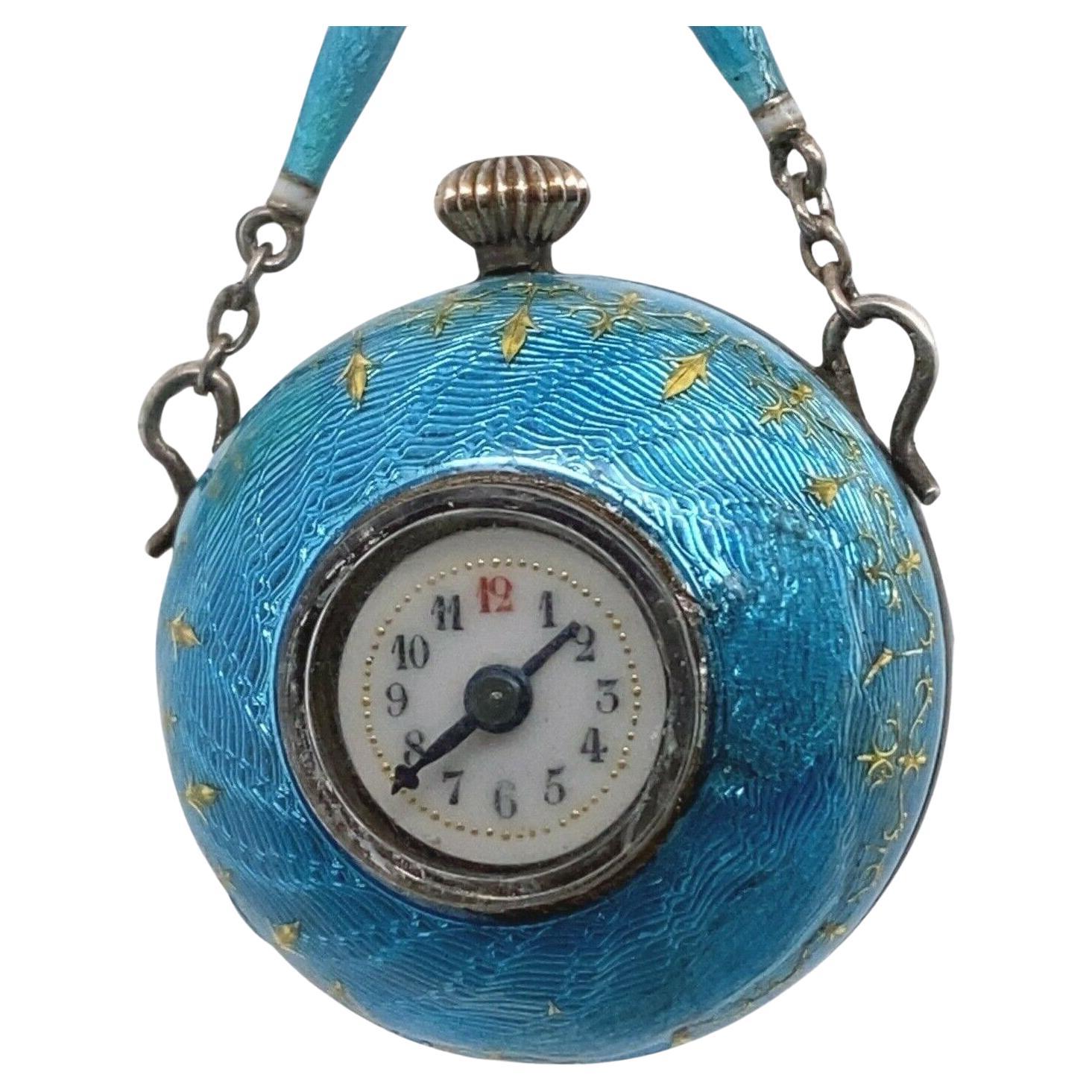 Fully Restored Turquoise Enamelled Ball Watch Suspended on a Bow Brooch For Sale