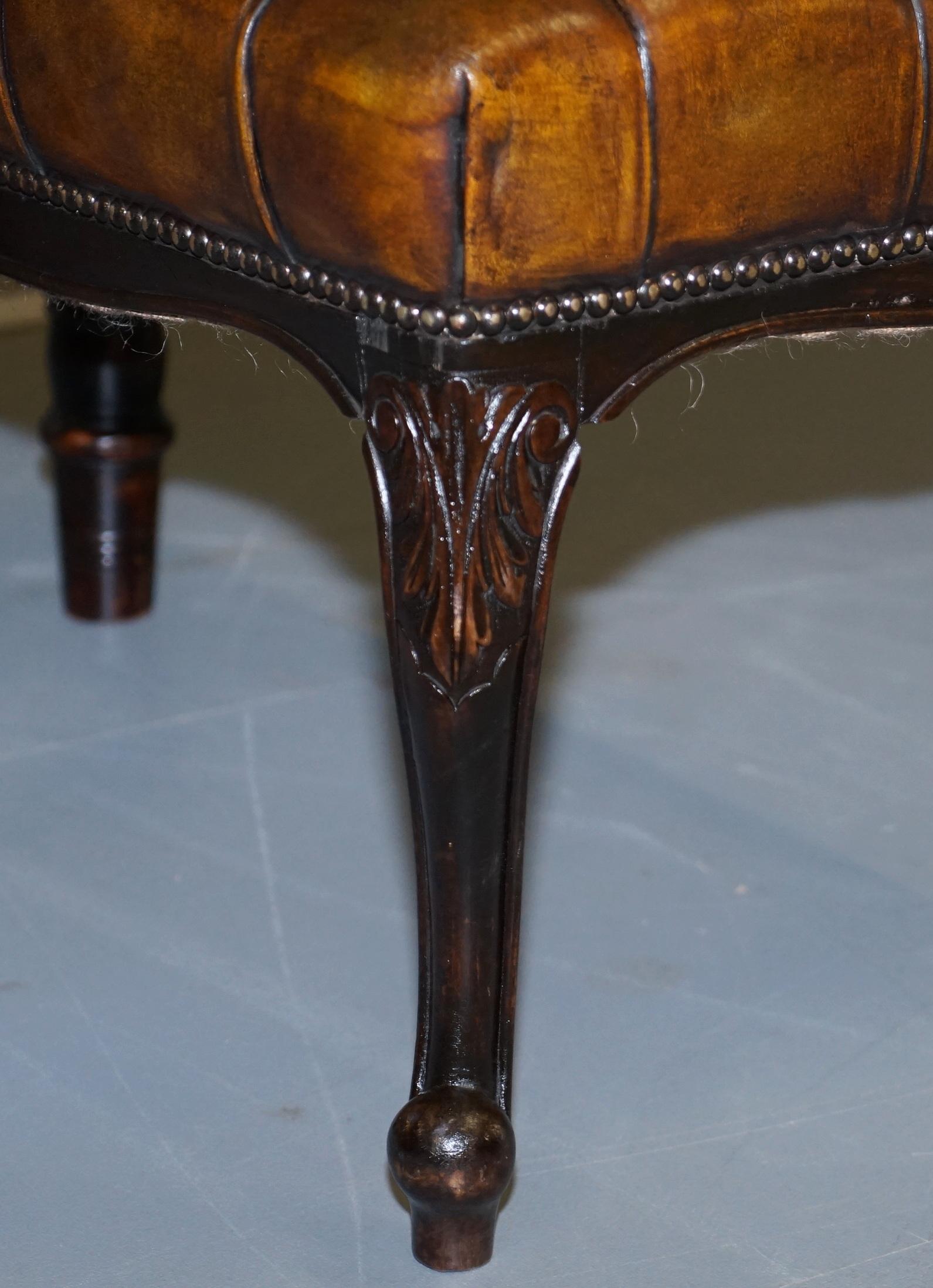 Fully Restored Victorian Chesterfield Brown Leather Corner Bench Stool Seat 2
