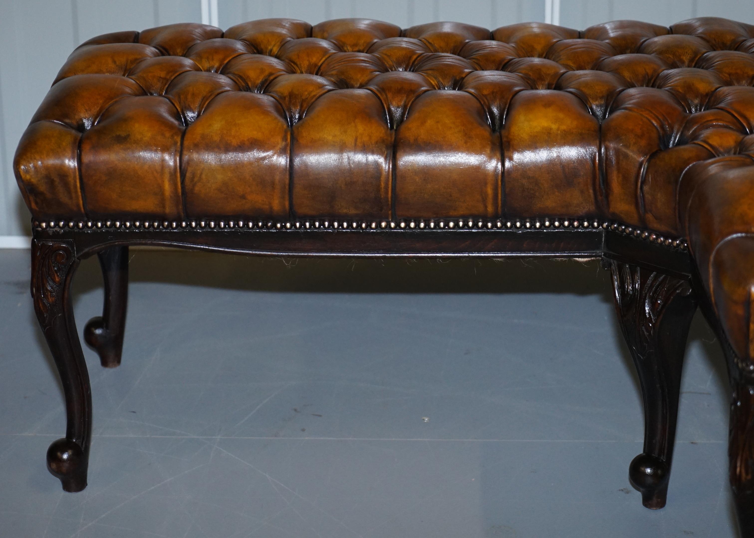 Fully Restored Victorian Chesterfield Brown Leather Corner Bench Stool Seat 2