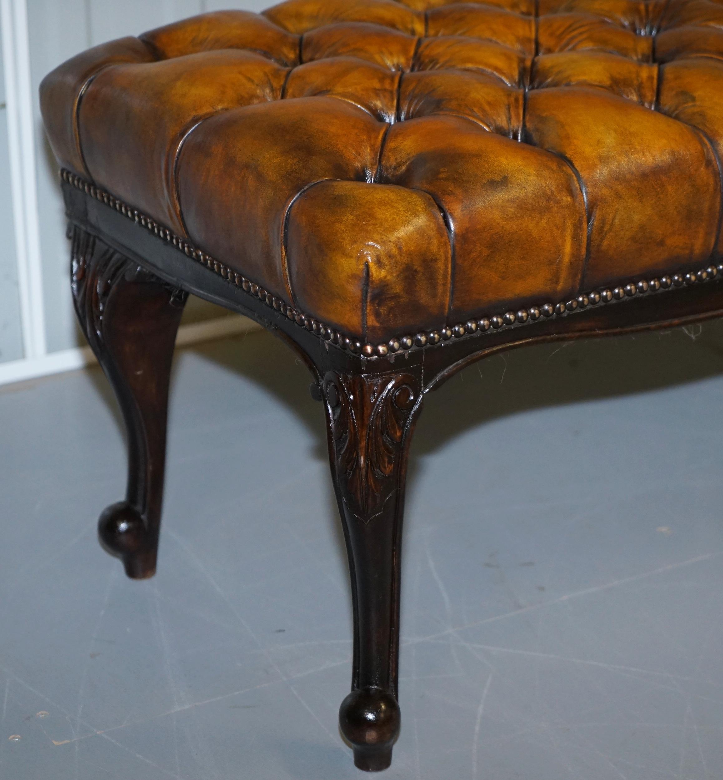 Fully Restored Victorian Chesterfield Brown Leather Corner Bench Stool Seat 5