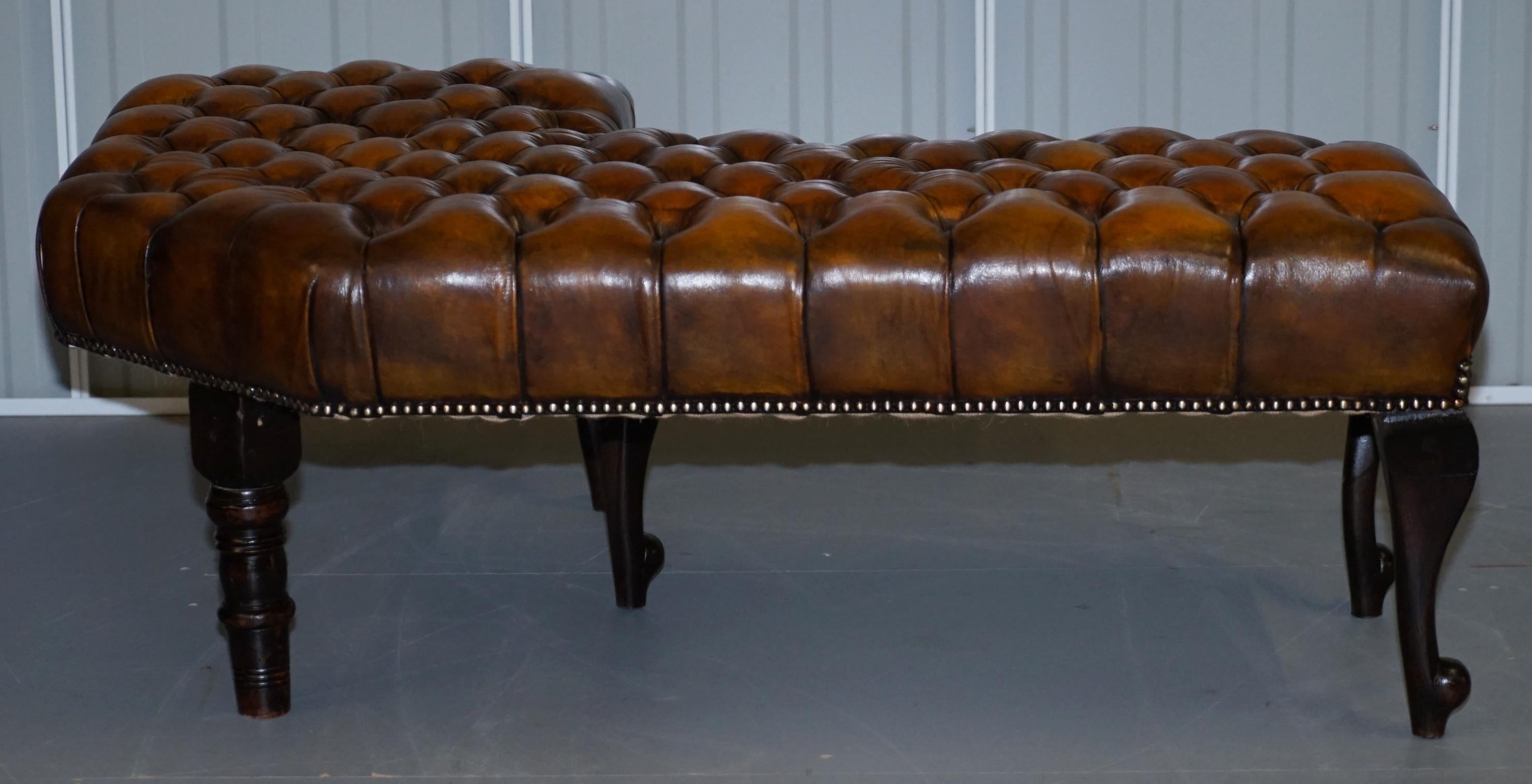 Fully Restored Victorian Chesterfield Brown Leather Corner Bench Stool Seat 8