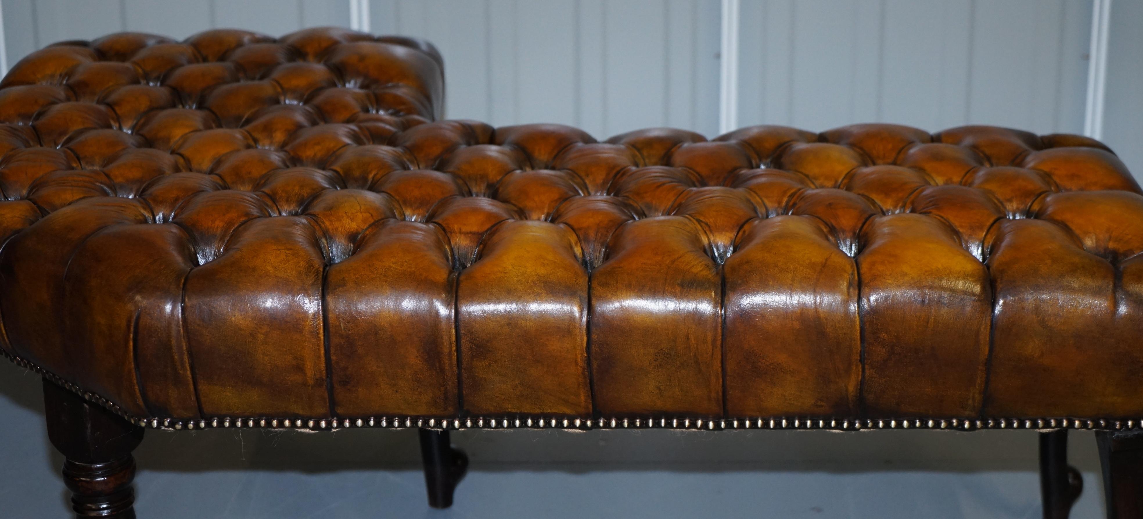 Fully Restored Victorian Chesterfield Brown Leather Corner Bench Stool Seat 9