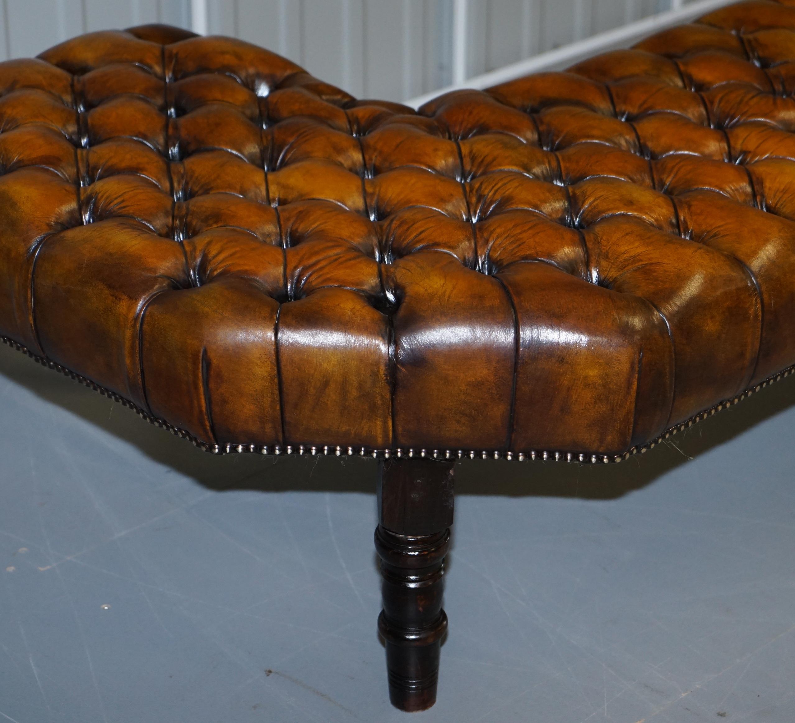 Fully Restored Victorian Chesterfield Brown Leather Corner Bench Stool Seat 10