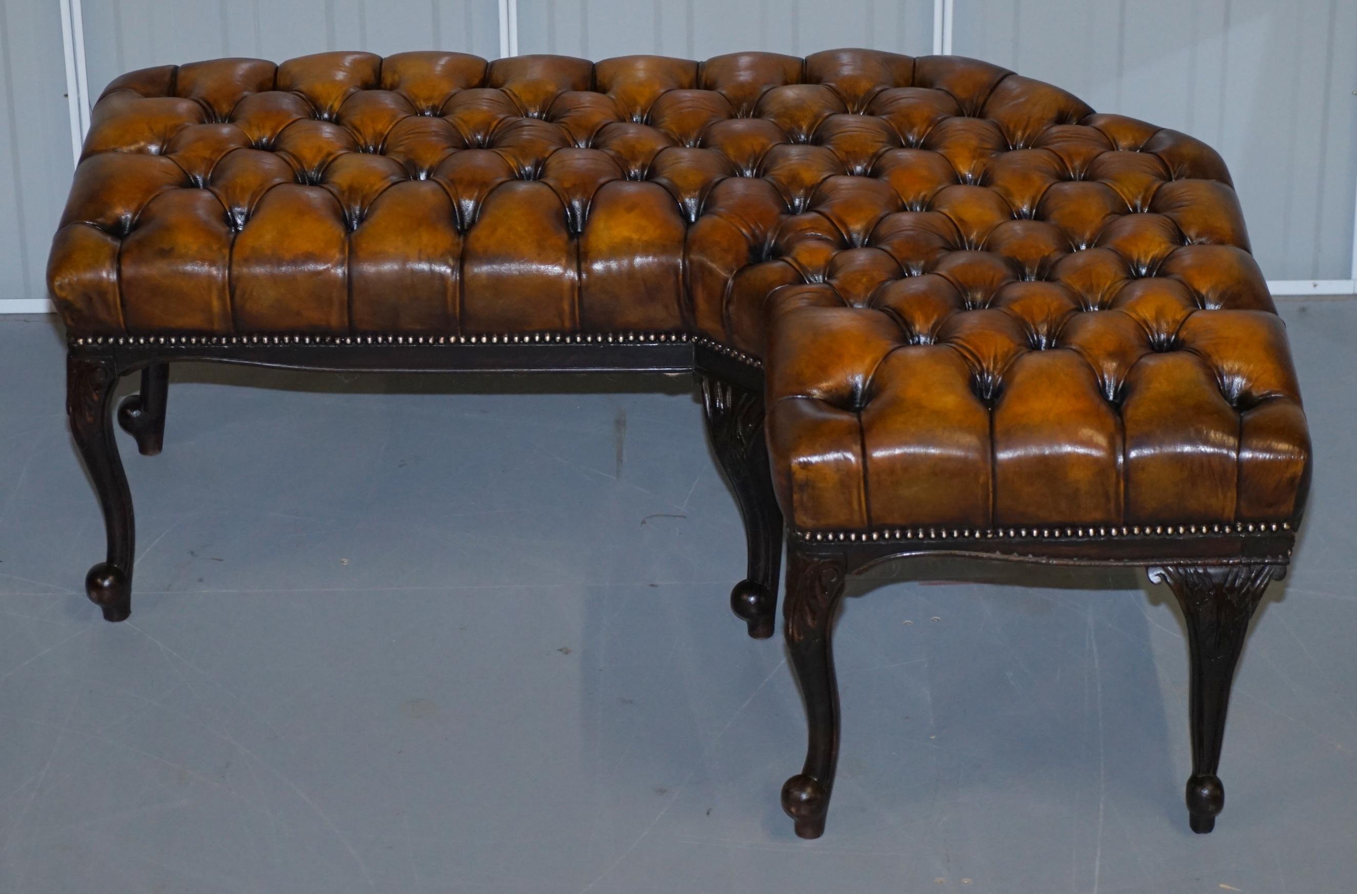 We are delighted to offer for sale this very rare original Victorian hand sawn corner bench, fully restored with Chesterfield cigar brown leather 

A very good looking collectable and rare bench. As you can see by the pictures of the base this is