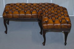 Fully Restored Victorian Chesterfield Brown Leather Corner Bench Stool Seat