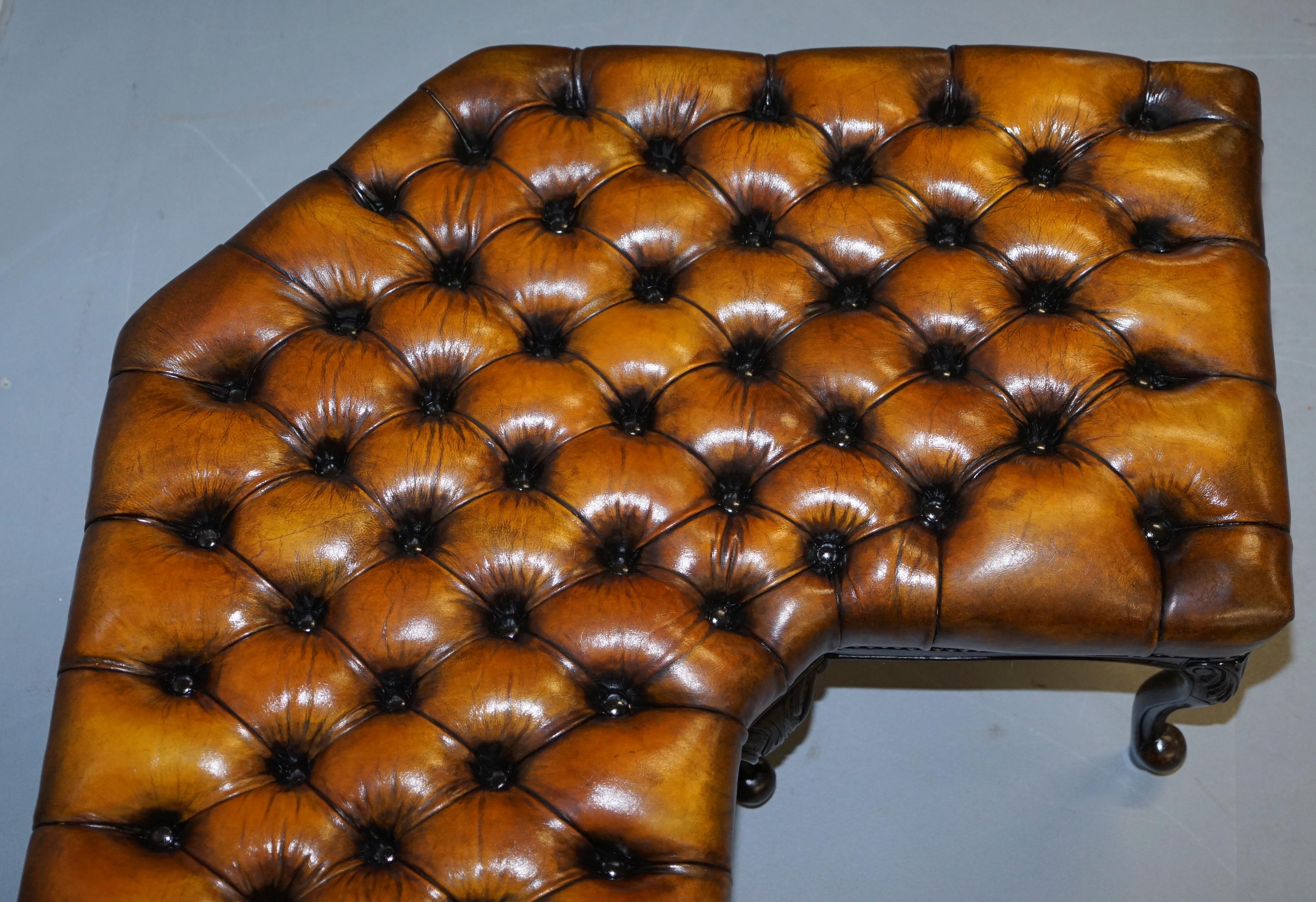 English Fully Restored Victorian Chesterfield Brown Leather Corner Bench Stool Seat