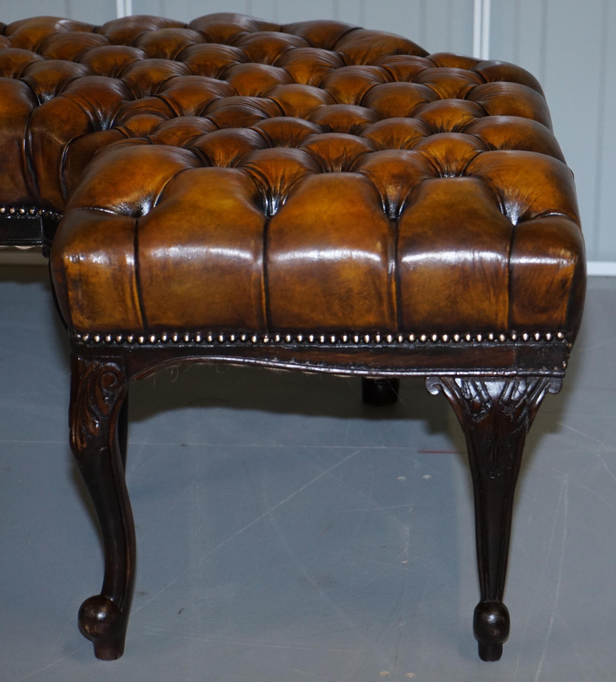 19th Century Fully Restored Victorian Chesterfield Brown Leather Corner Bench Stool Seat