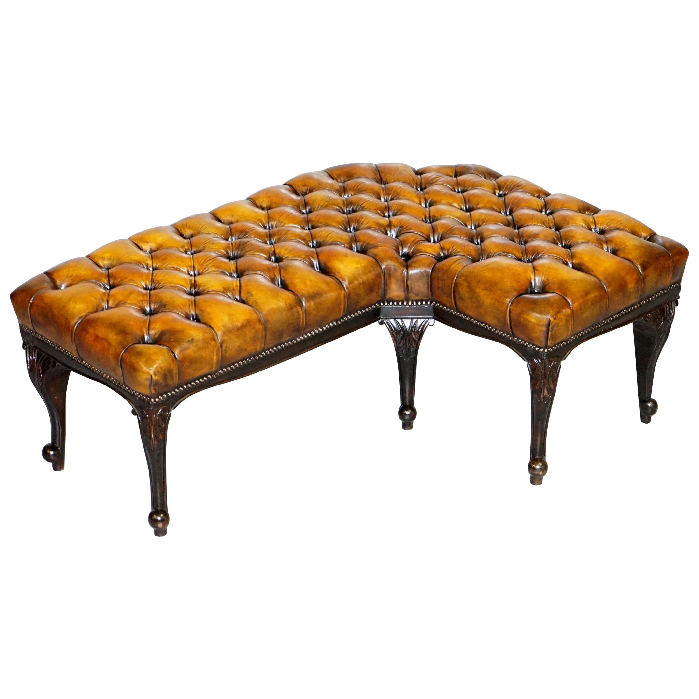 Fully Restored Victorian Chesterfield Brown Leather Corner Bench Stool Seat