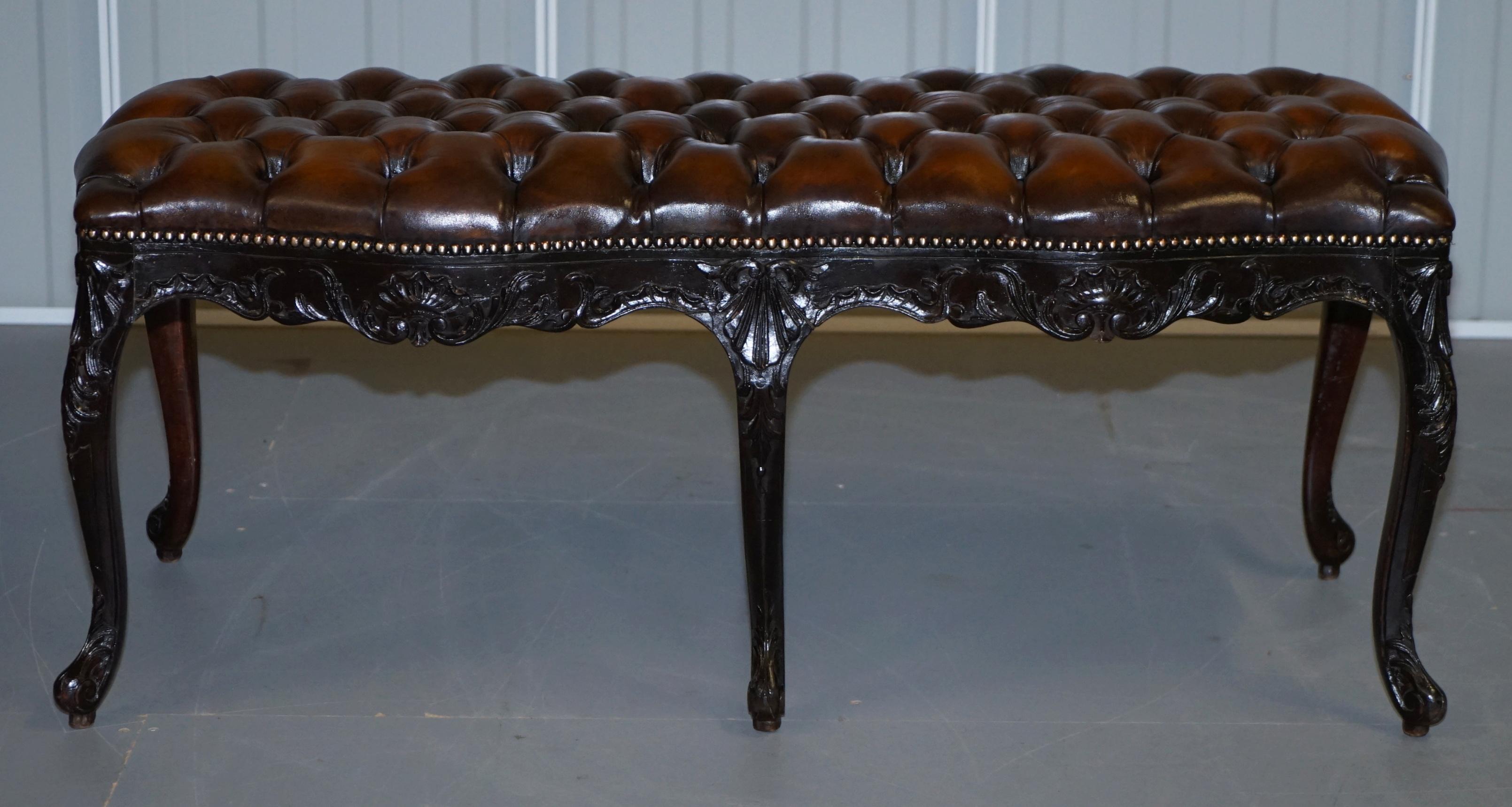 Fully Restored Victorian Chesterfield Brown Leather Piano Stool Bench 2 Person 3
