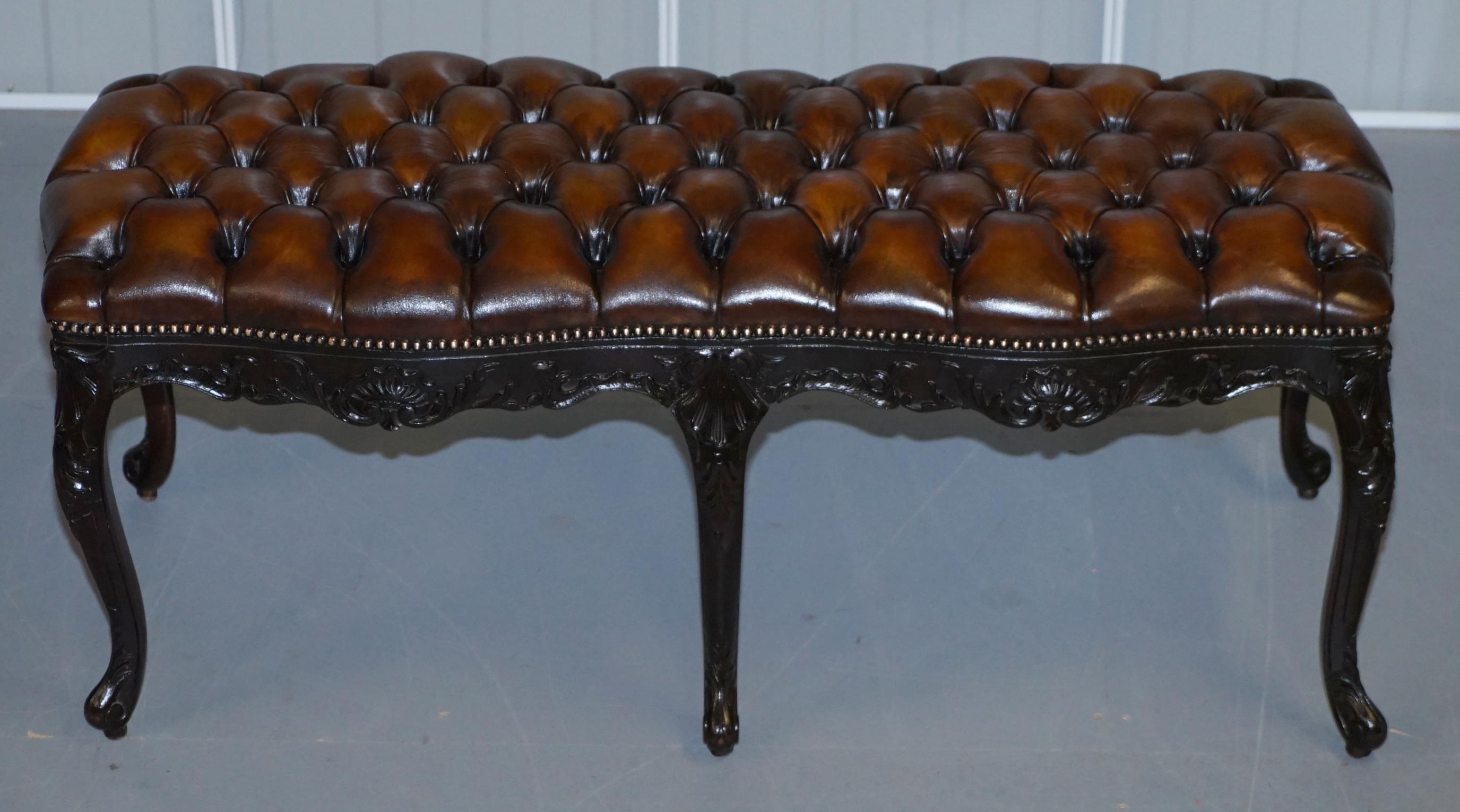 We are delighted to offer for sale this very rare original Victorian hand-sawn two person Piano stool bench, fully restored with Chesterfield cigar brown leather 

A very good looking collectable and rare bench. As you can see by the pictures of
