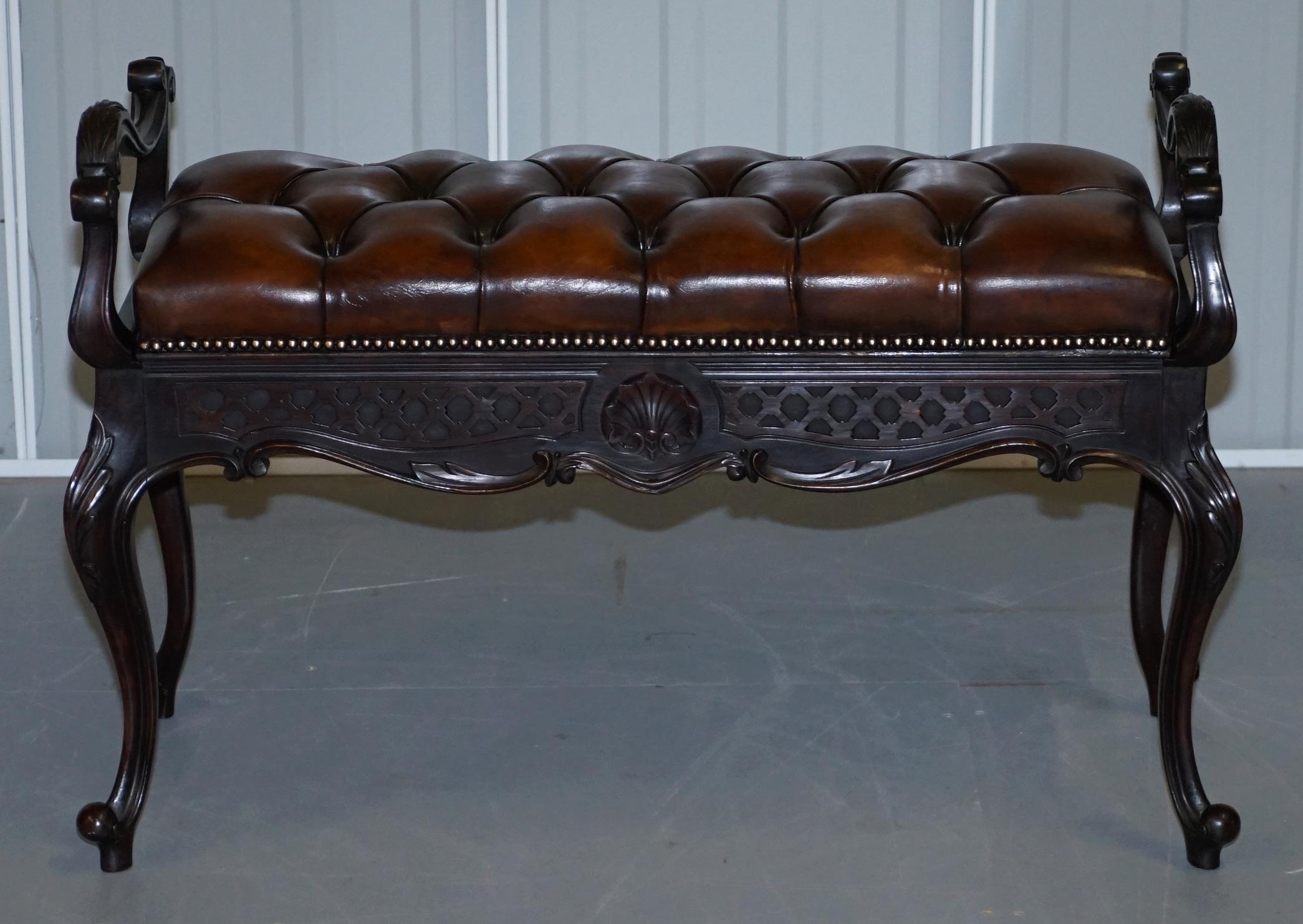 We are delighted to offer for sale this very rare original Victorian hand-sawn, two person Piano stool bench, fully restored with Chesterfield cigar brown leather 

A very good looking collectable and rare bench. As you can see by the pictures of