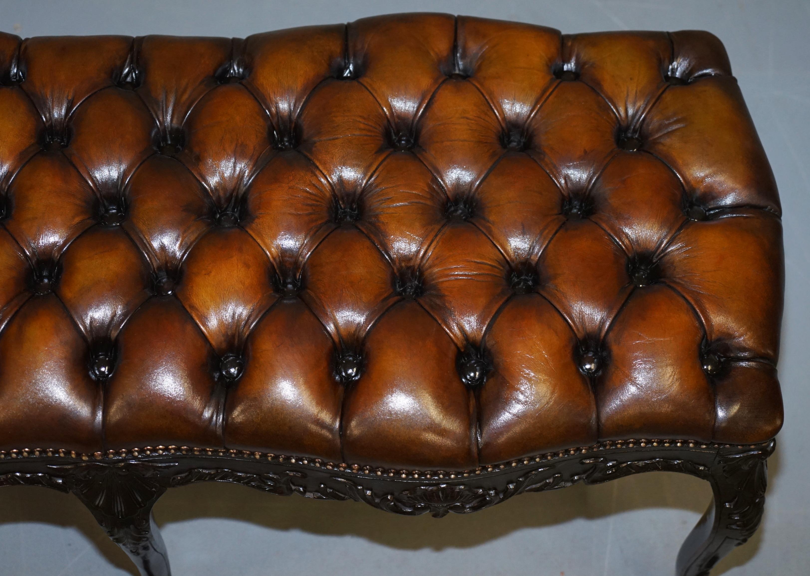 English Fully Restored Victorian Chesterfield Brown Leather Piano Stool Bench 2 Person