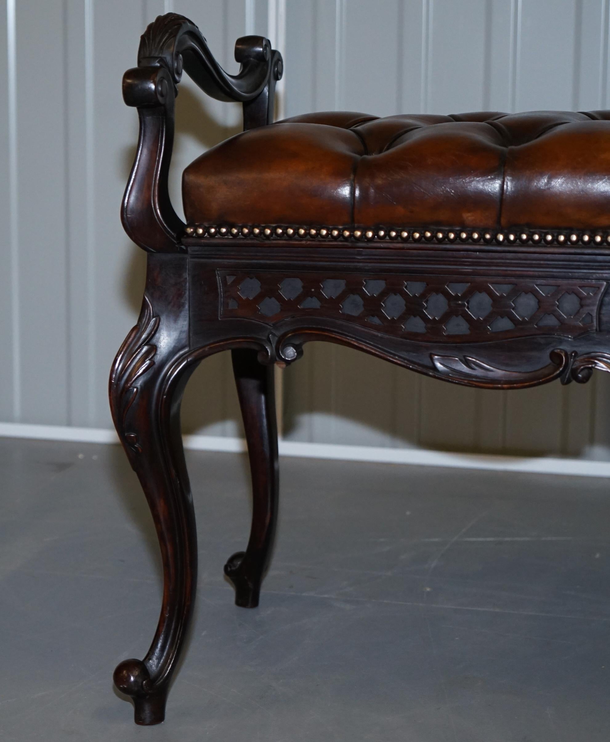 Hand-Crafted Fully Restored Victorian Chesterfield Brown Leather Piano Stool Bench 2 Person