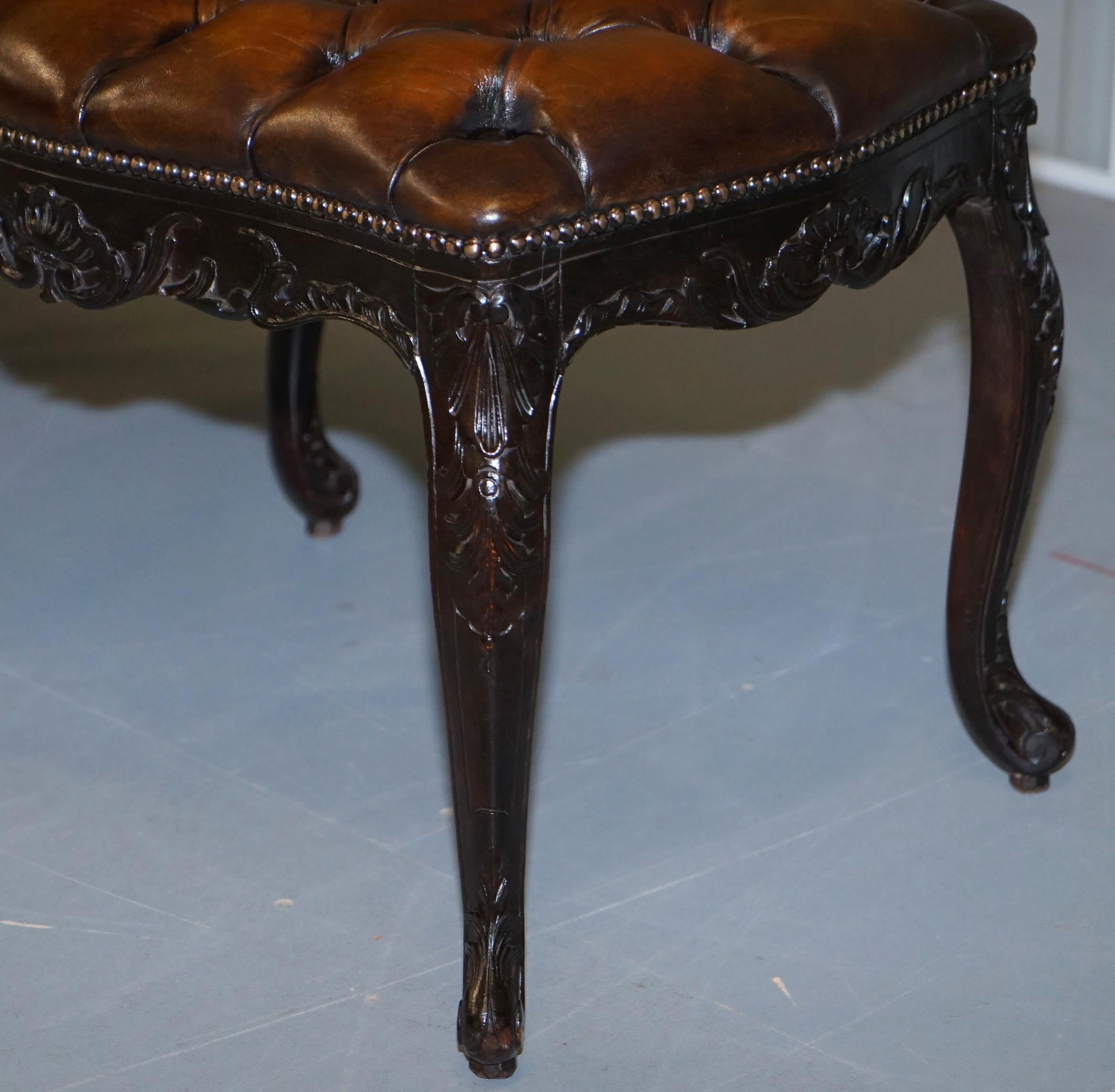 19th Century Fully Restored Victorian Chesterfield Brown Leather Piano Stool Bench 2 Person