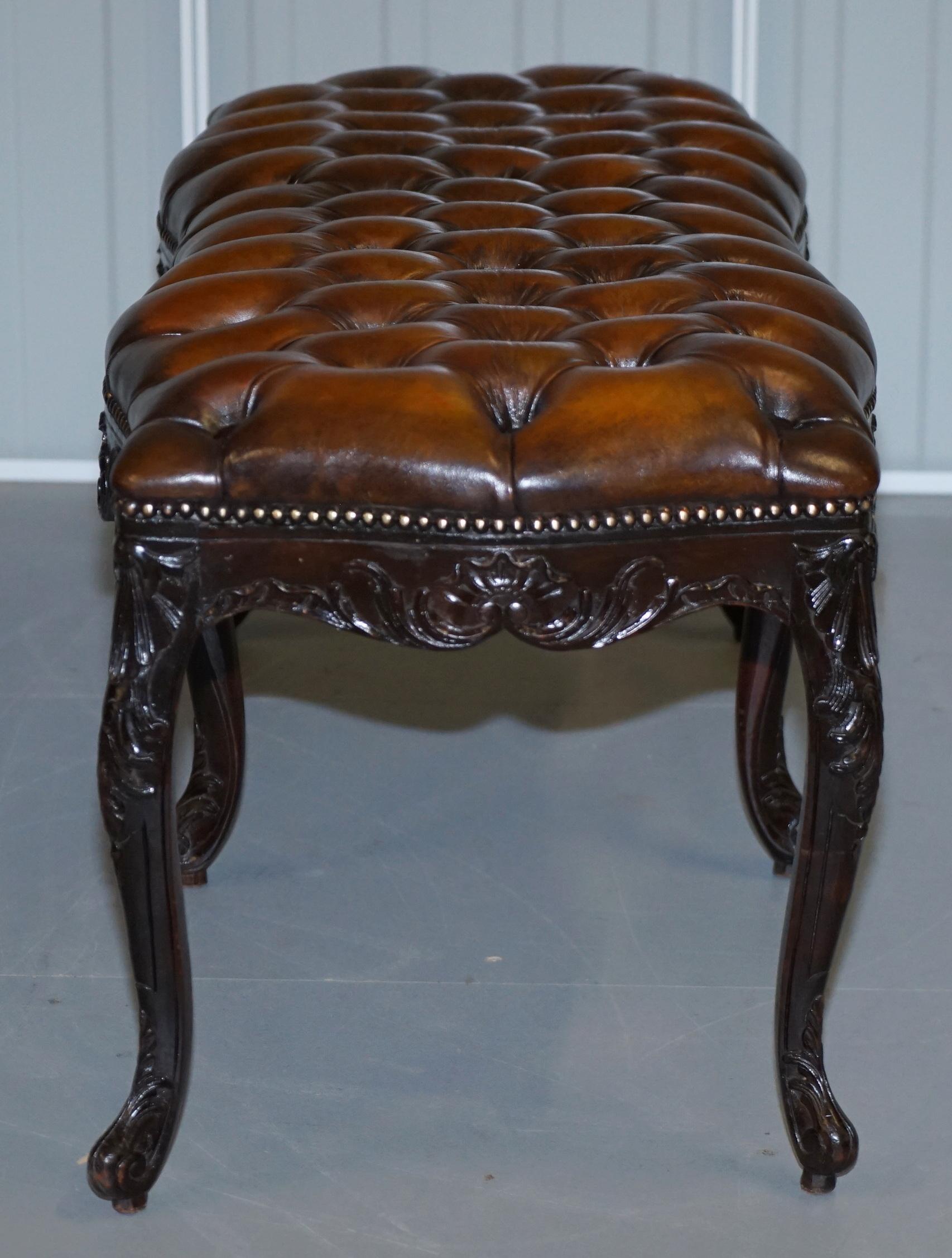19th Century Fully Restored Victorian Chesterfield Brown Leather Piano Stool Bench 2 Person