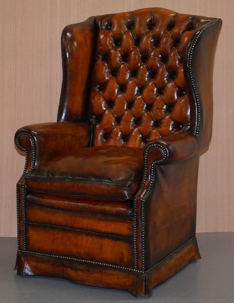 Fully Restored Victorian Chesterfield Porters Wingback Armchair Brown