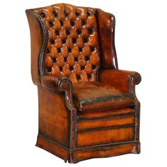 Antique Fully Restored Victorian Chesterfield Porters Wingback Armchair Brown Leather