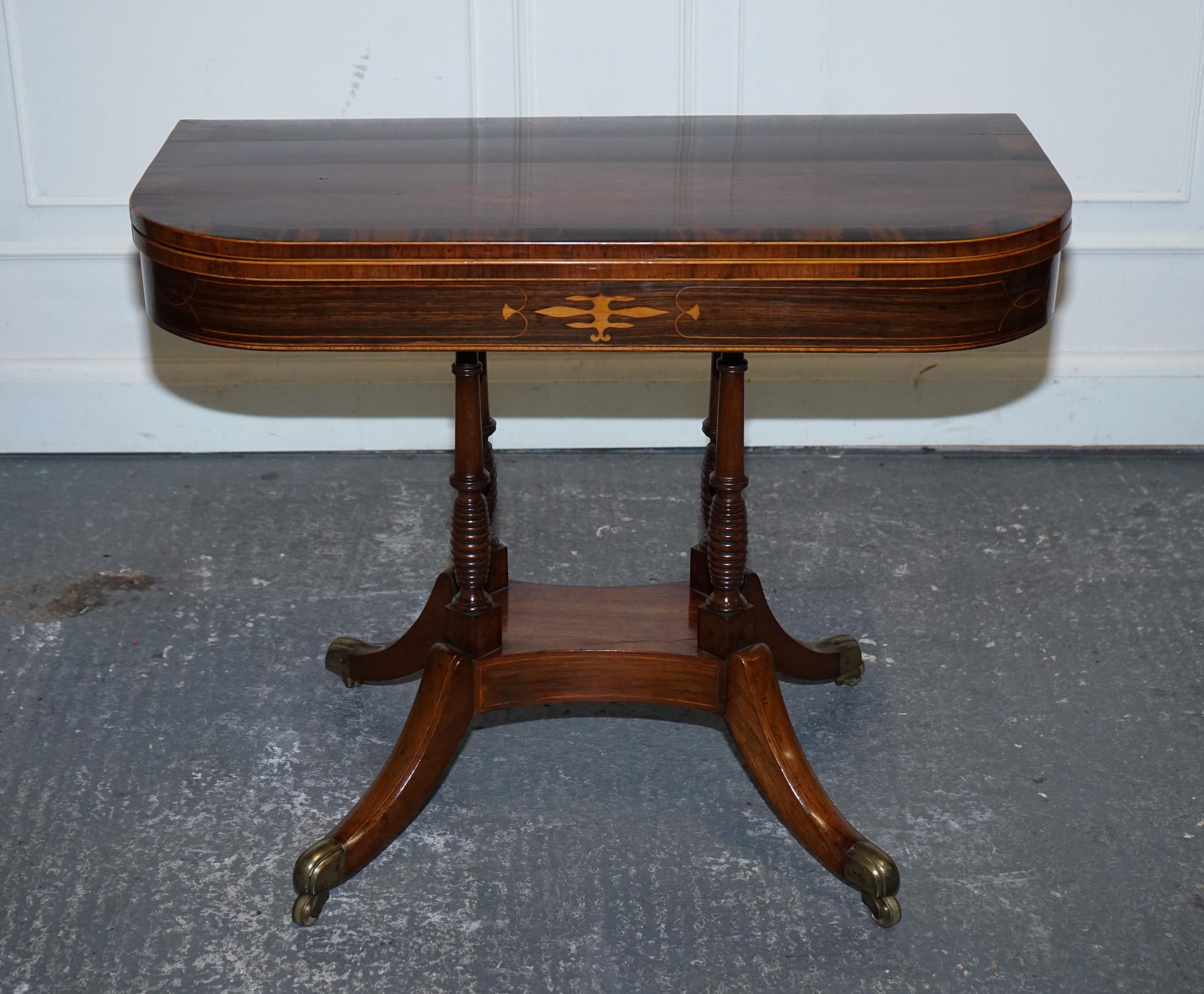 British FULLY RESTORED GEORGIAN GAMES CARD FOLDING TABLE ON ORIGiNAL BRASS CASTORS For Sale