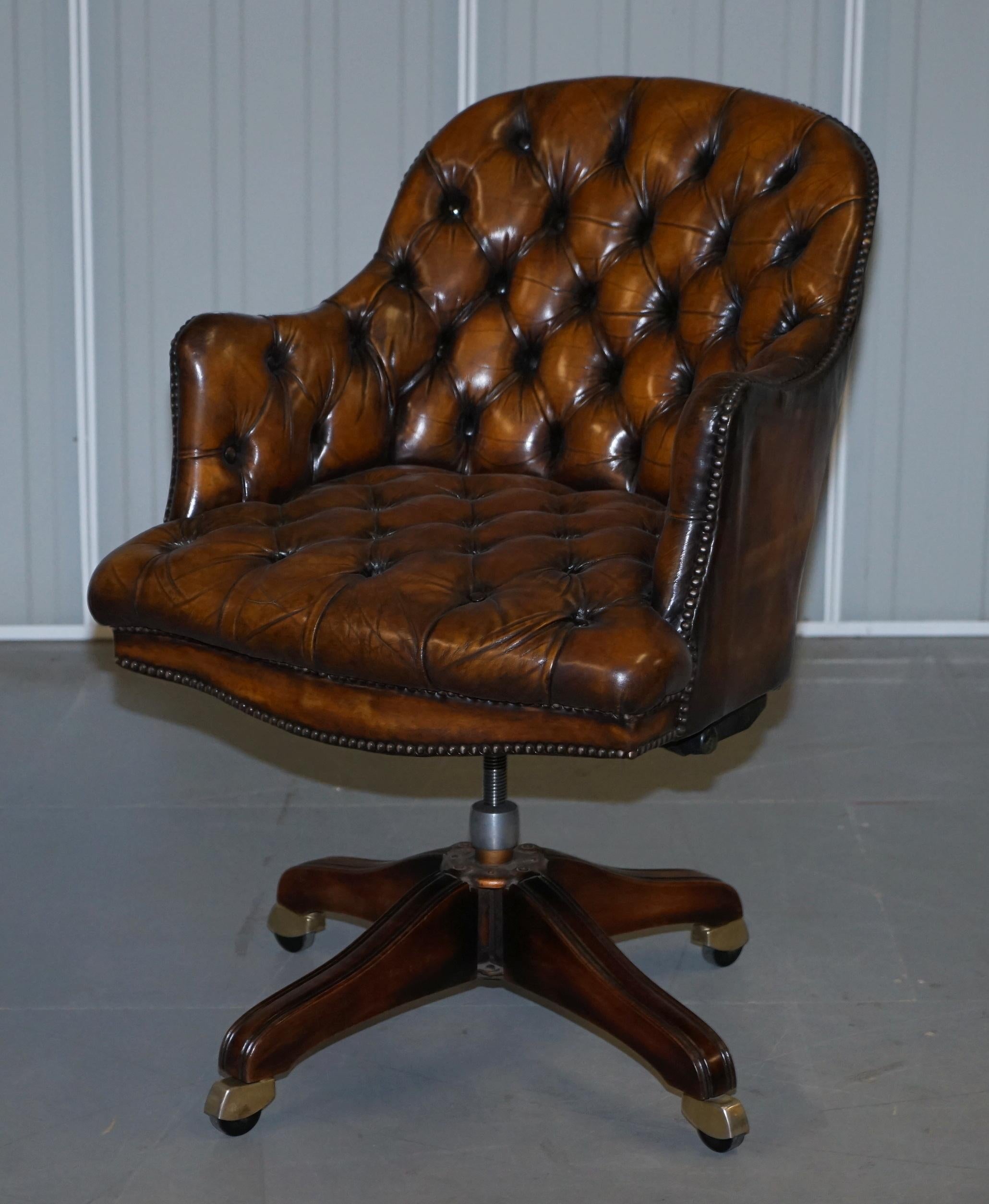 English Fully Restored Vintage Brown Leather Chesterfield Captains Directors Armchair
