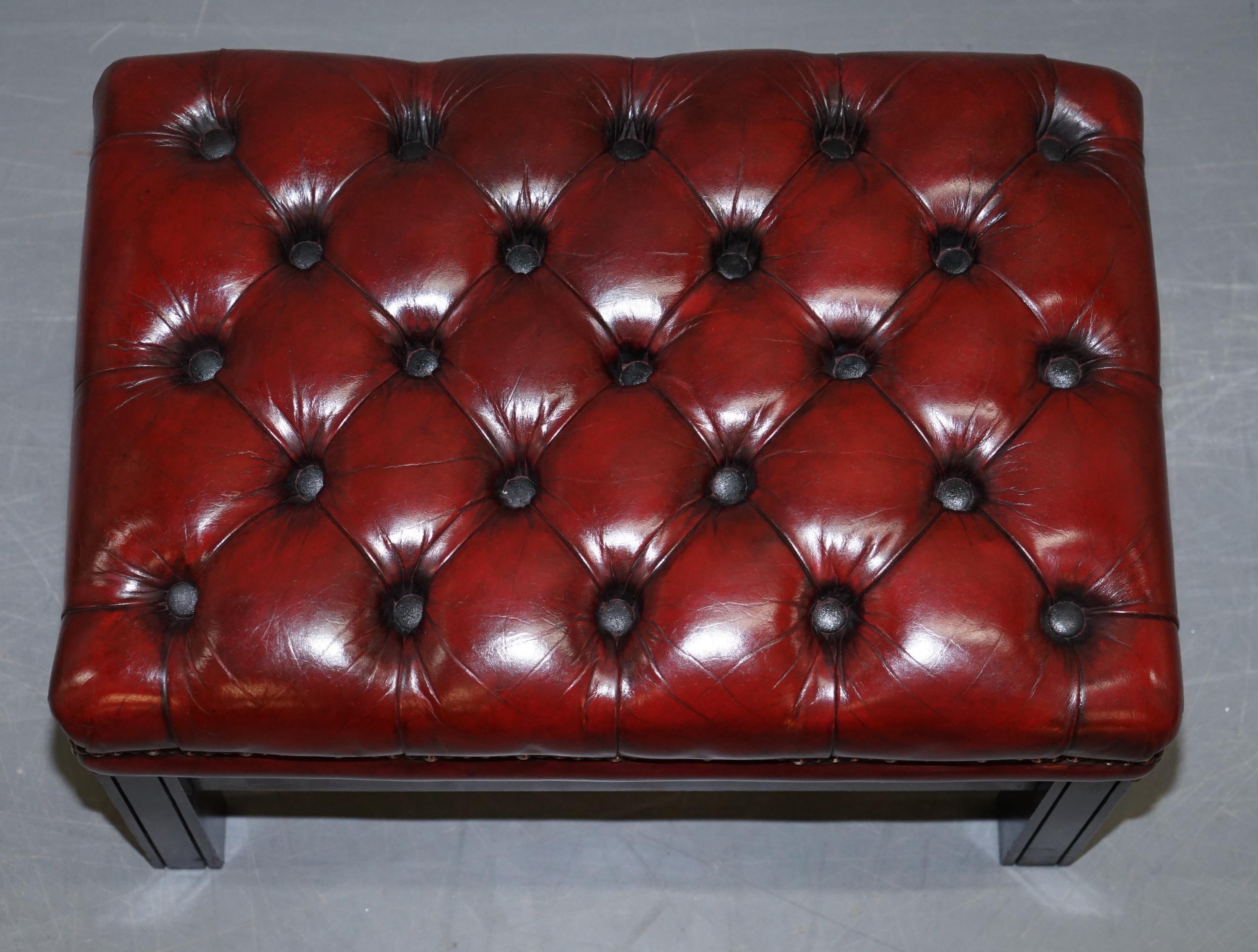 English Fully Restored Vintage Chesterfield Bordeaux Leather Hand Dyed Footstool Bench