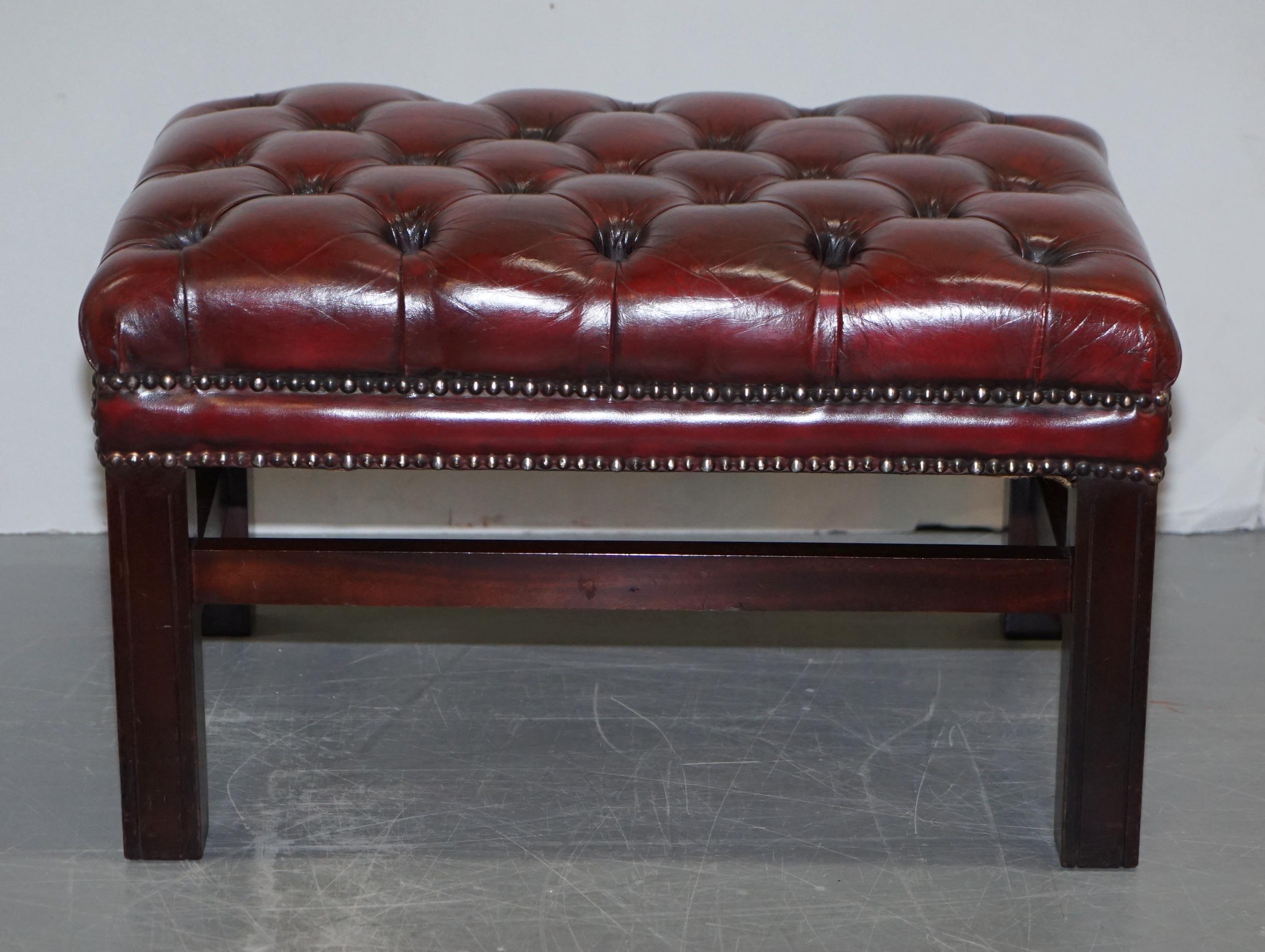 Fully Restored Vintage Chesterfield Bordeaux Leather Hand Dyed Footstool Bench 4