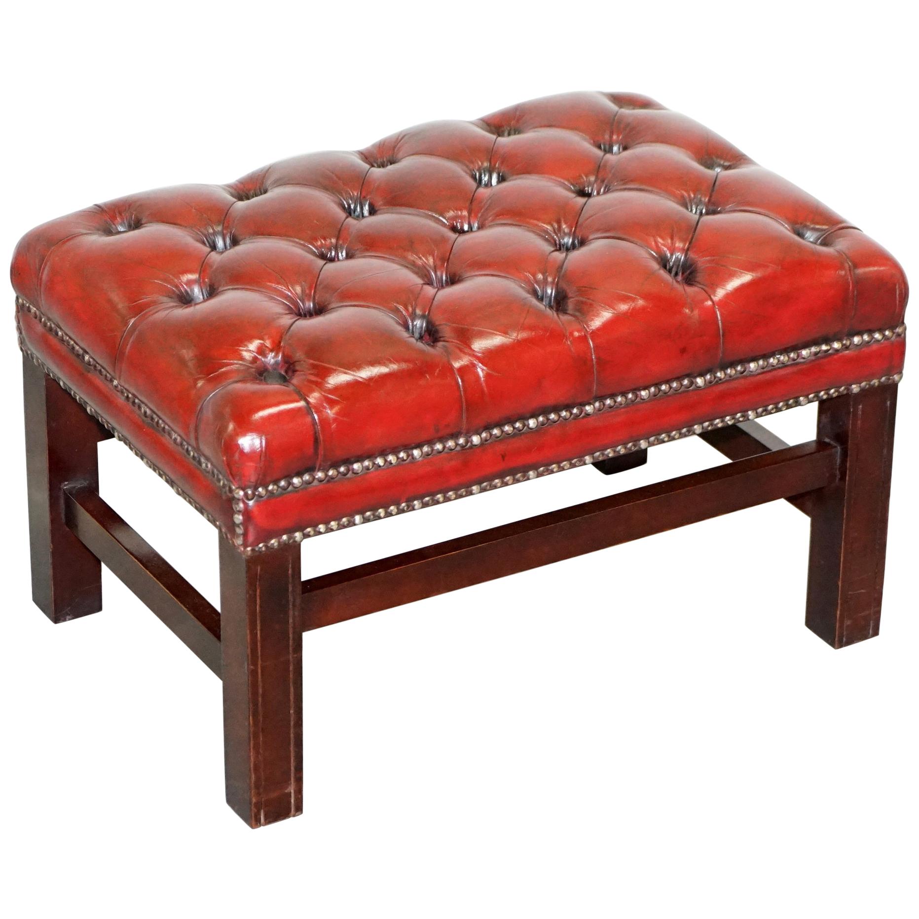 Fully Restored Vintage Chesterfield Bordeaux Leather Hand Dyed Footstool Bench