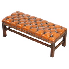 Fully Restored Vintage Chesterfield Brown Leather Hand Dyed Footstool Bench