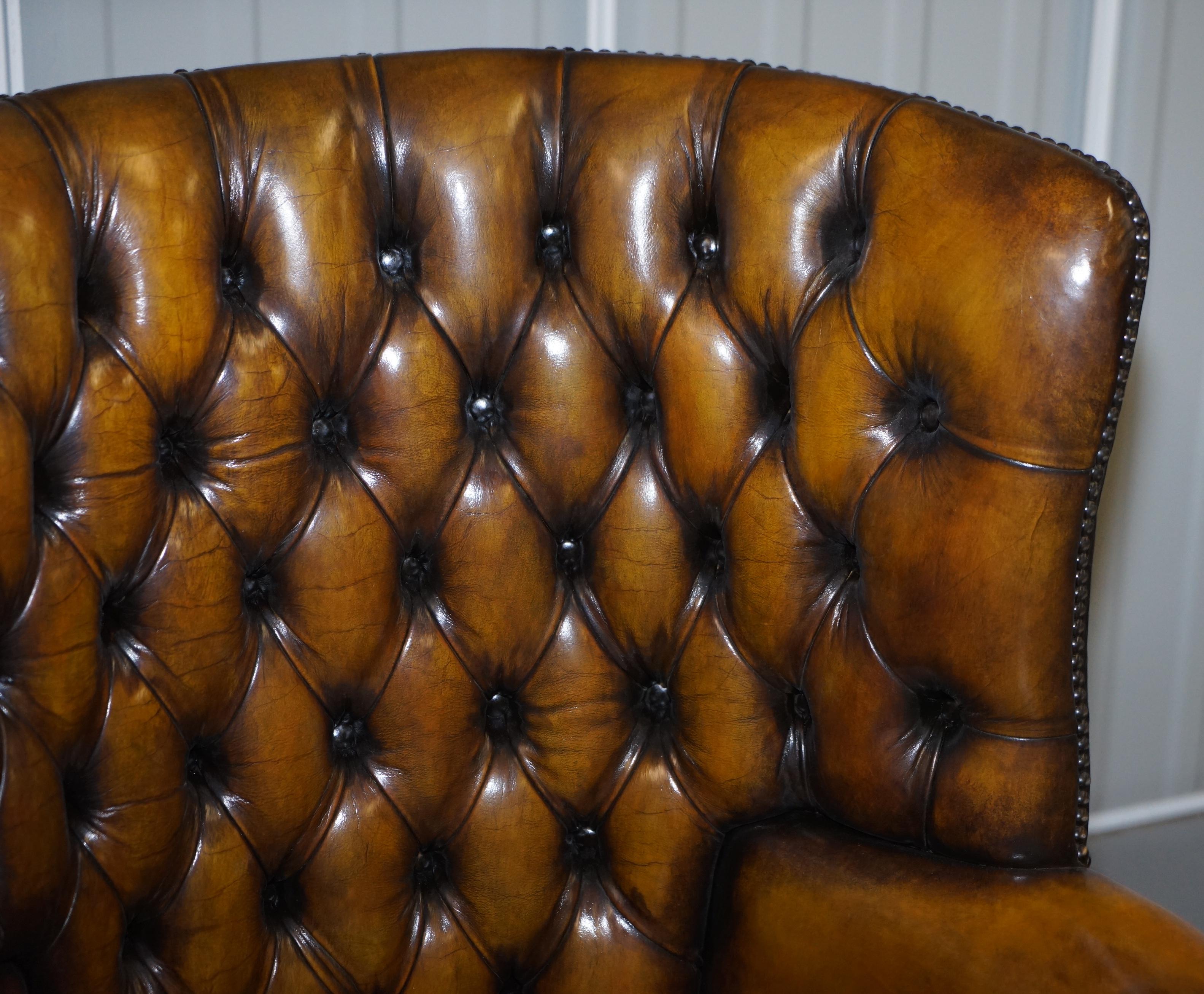 English Fully Restored Vintage Chesterfield Porters Wingback Armchair Brown Leather For Sale