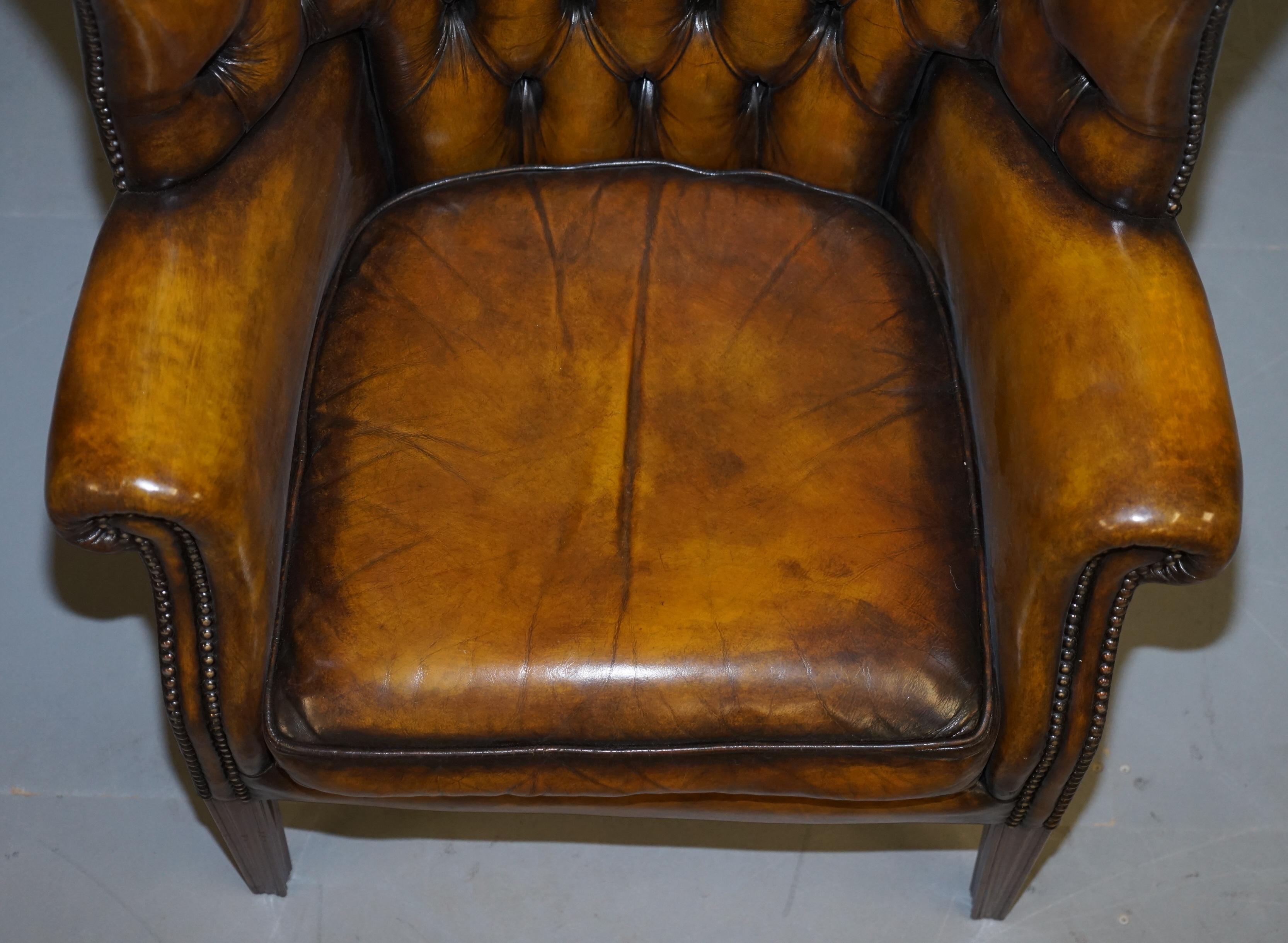 20th Century Fully Restored Vintage Chesterfield Porters Wingback Armchair Brown Leather For Sale