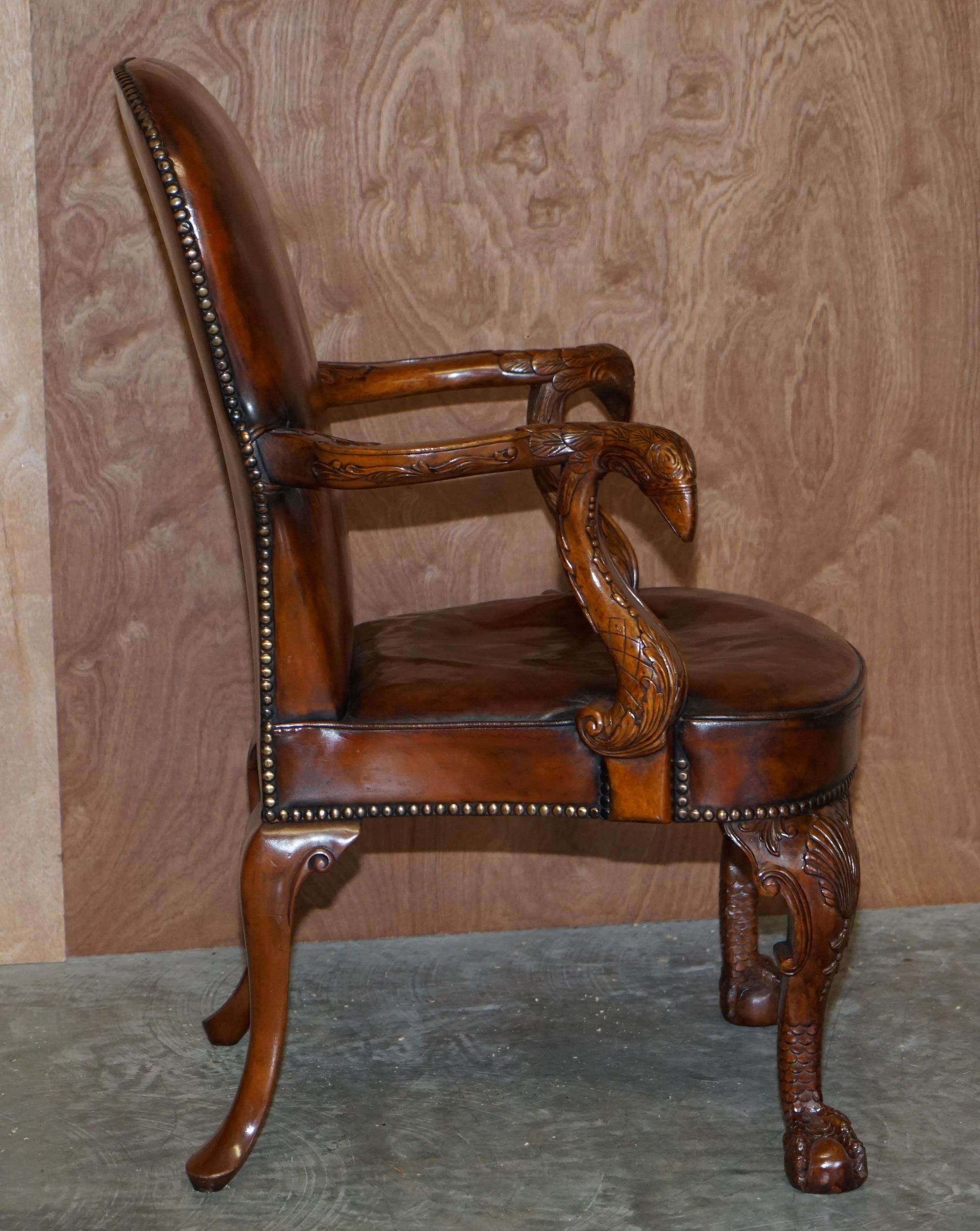 Fully Restored Vintage Eagle Armed Claw & Ball Feet Brown Leather Armchair For Sale 3