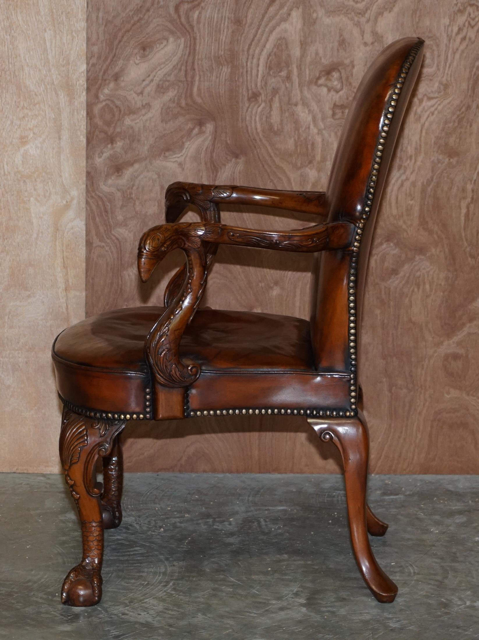 Fully Restored Vintage Eagle Armed Claw & Ball Feet Brown Leather Armchair For Sale 8